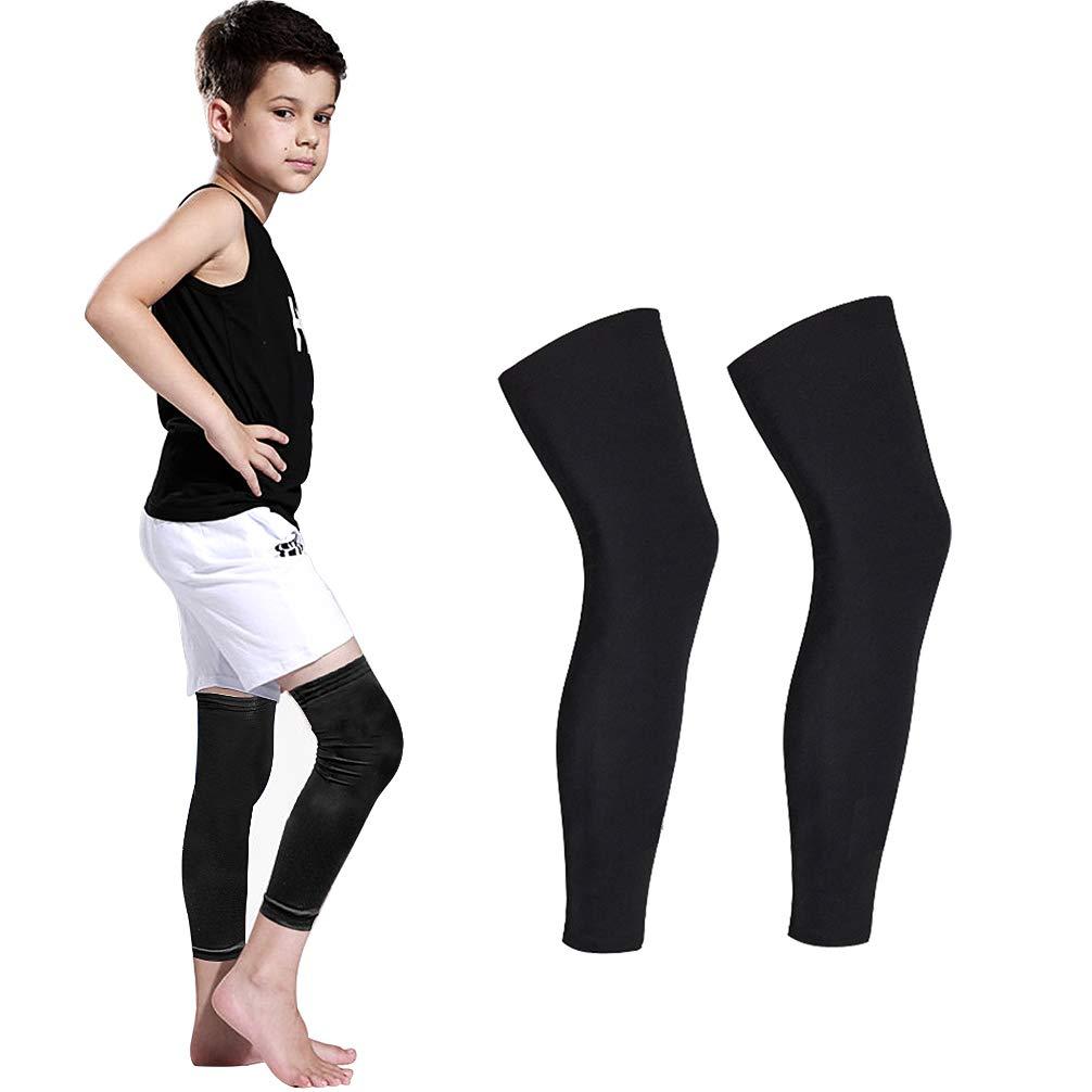 Luwint Long Compression Leg Sleeves for Kids - Luwint Comfortable Non-Slip UV Protection Thigh Calf Brace Support for Basketball Running Cycling, 1 Pair (Black M)