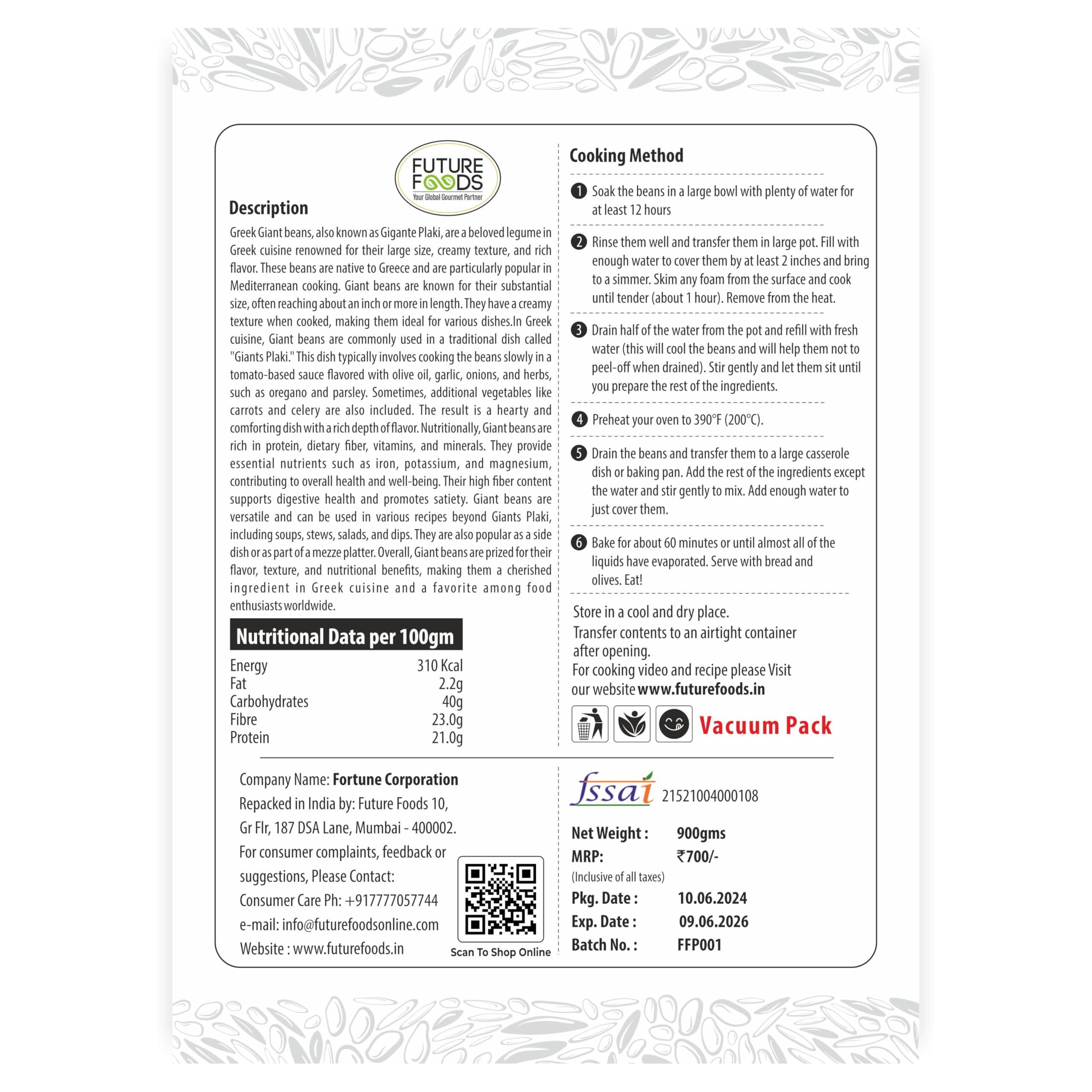 Future Foods Future Foods Greek Gigantes Beans, Double butter beans, Vaal, pack of 900 gram