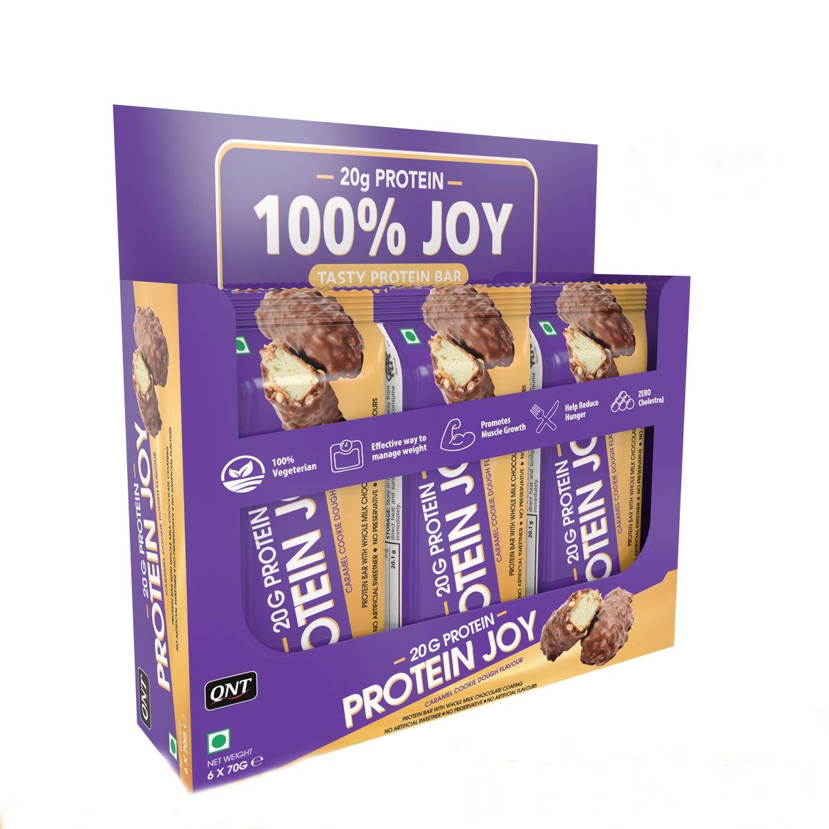 QNT QNT Protein Joy 20g Protein Bar + Caramel Cookie Dough | Promotes Muscle Growth | 100% Vegetarian |6 x 70g Bars (420g Pack)