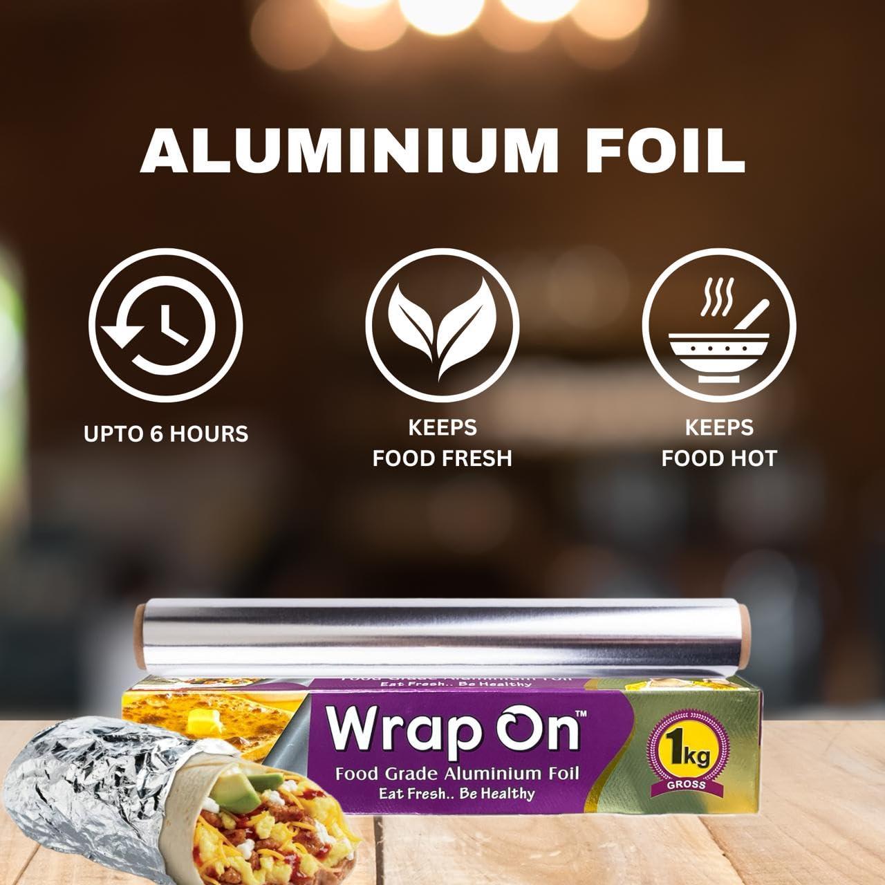 Wrap On WRAP ON Aluminium Foil Paper Roll for Kitchen 1kg - Pack of 2 18 microns Foil || Aluminum Silver Foil Roll for Food Wrap | Box with Metallic Print & in-Built Cutter for Easy Tearing.