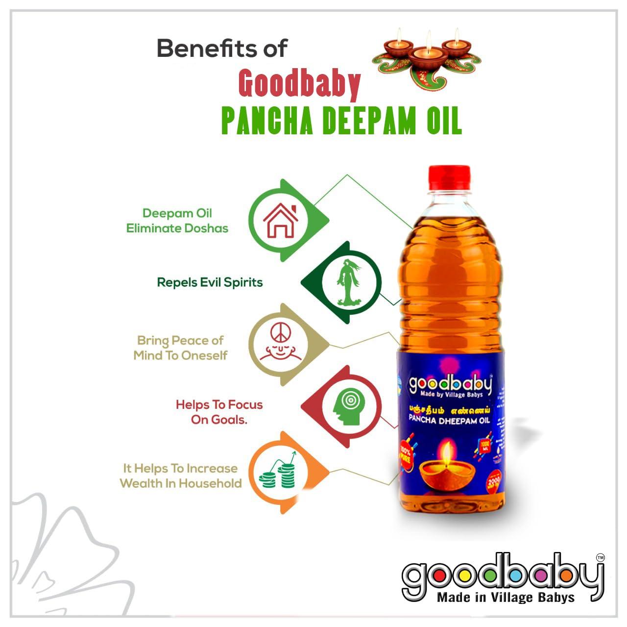 goodbaby Made in Village Babys PANCHA DEEBAM OIL | 100% PURE Blend of Sesame, Coconut, Castor, Mahua and Ghee | Deepam | Diya | Lamp Oil | 1L
