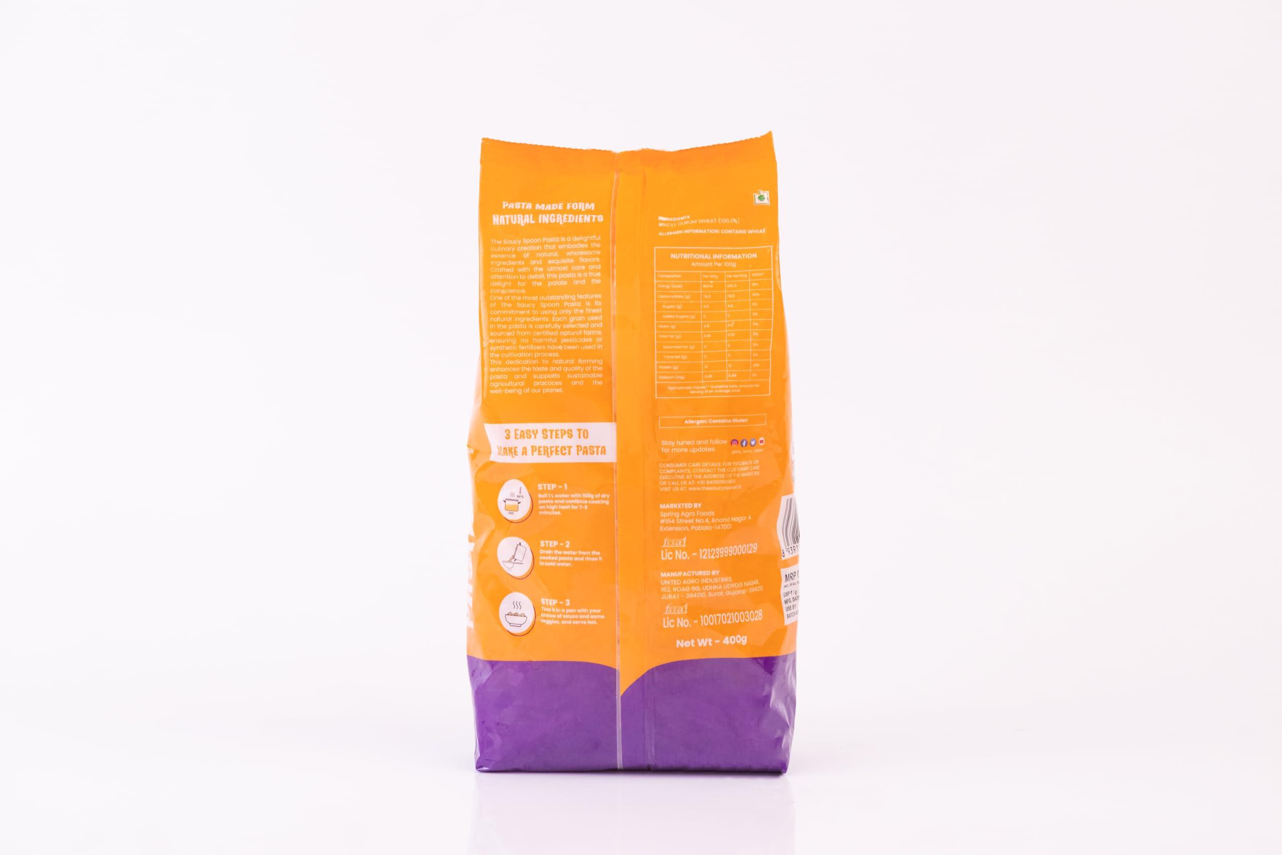 The Saucy Spoon The Saucy Spoon - Combo Penne & Fusilli Pasta | 100% Durum Wheat Low in Calories Healthy Cooked | No Chemical & Preservatives | Quality Ingredients High Protein & Fibre Vegan - 400g x 2