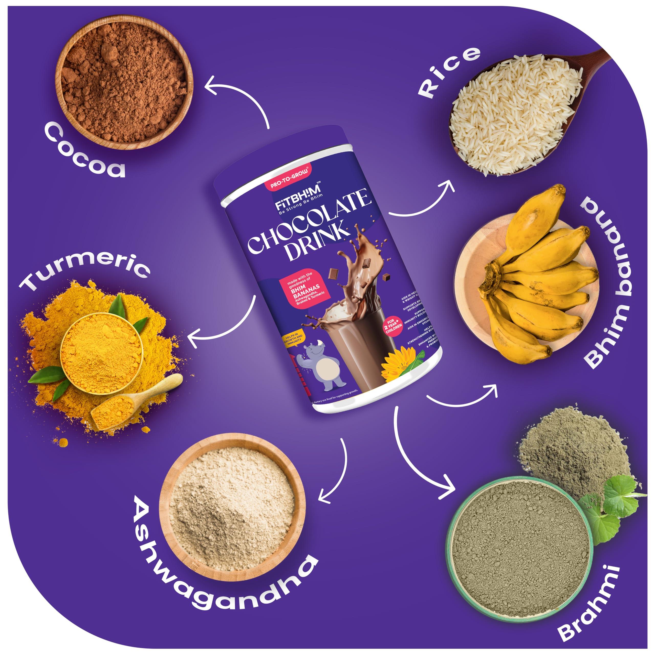 ProToGrow ProToGrow Fitbhim Chocolate Drink with Bhim Banana, Yummy Belgian Chocolate Flavour, 200grams, Pack of 1, Suitable for growing kids.