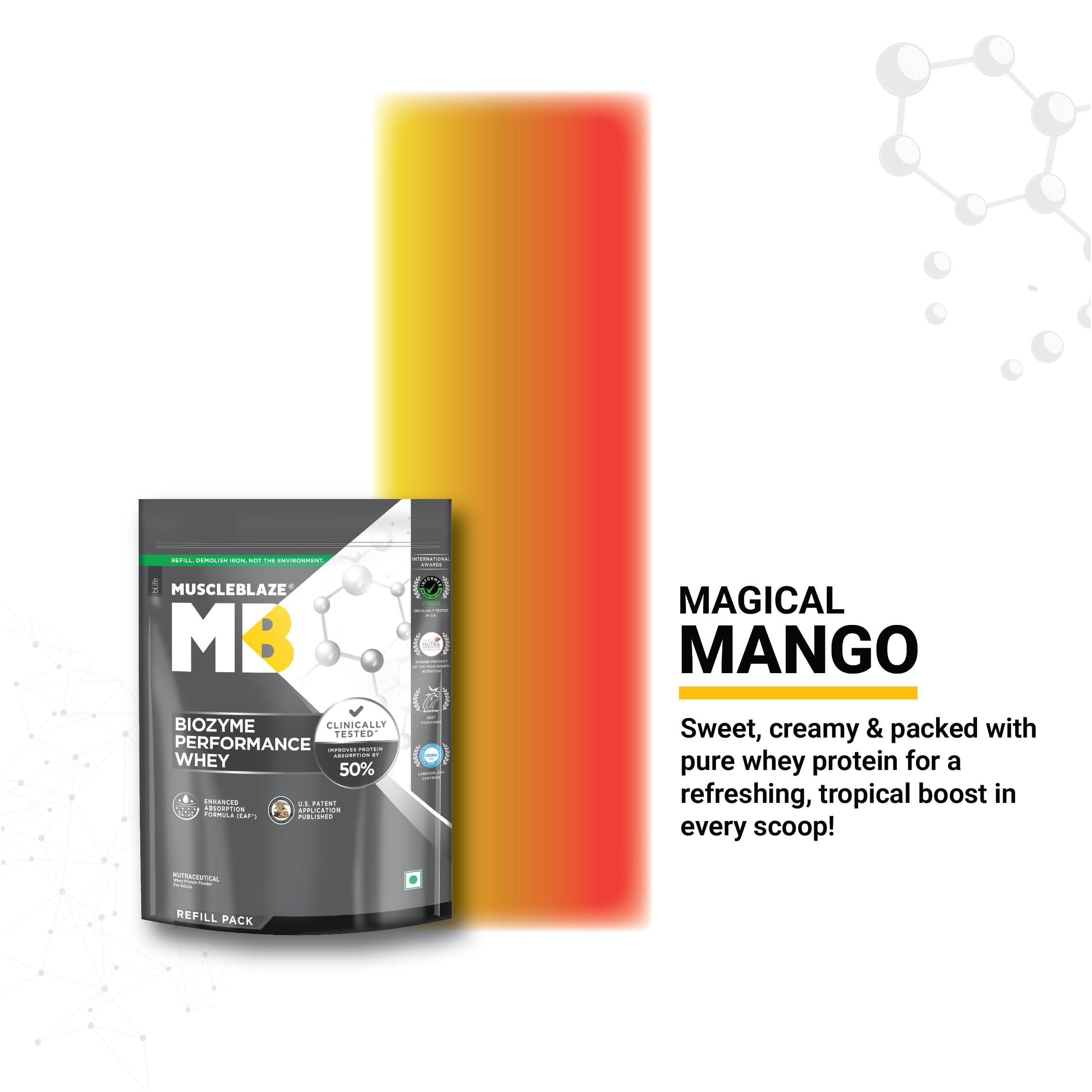 MuscleBlaze MuscleBlaze Biozyme Performance Whey Protein | Clinically Tested 50% Higher Protein Absorption | Informed Choice UK, Labdoor USA Certified & US Patent Filed EAF (Magical Mango, 1 kg Refill Pack)
