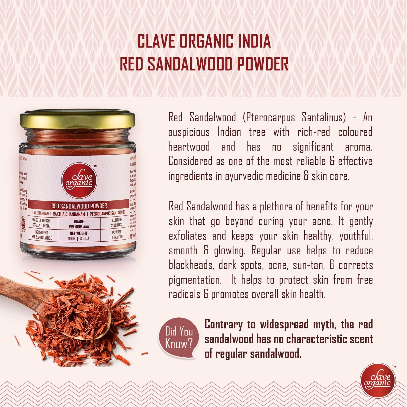 Clave Organic India Private Limited Clave Organic India Private Limited Vegan No Chemicals Red Sandalwood Powder for Soothing,Exfoliating (Raktha Chandan ) from Wayanad - Kerala in Eco-Friendly Glass Jar, 100 g