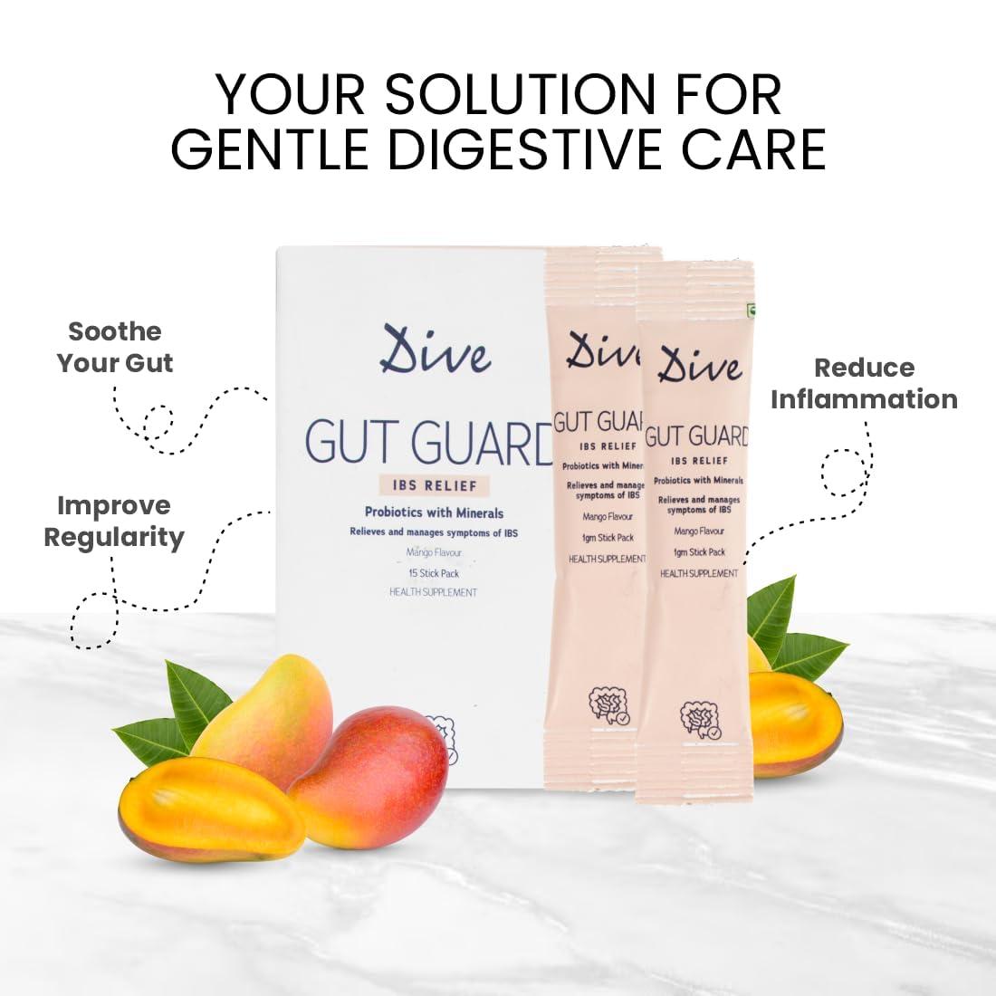 DIVE DIVE Gut Guard IBS Relief Probiotics, Constipation & Irritable Bowel Syndrome, Prevent Loose Stools, Diarrhoea, Upset Stomach, 7 billion CFU Clinically Proven Strains| Sugar Free 30 Days Pack