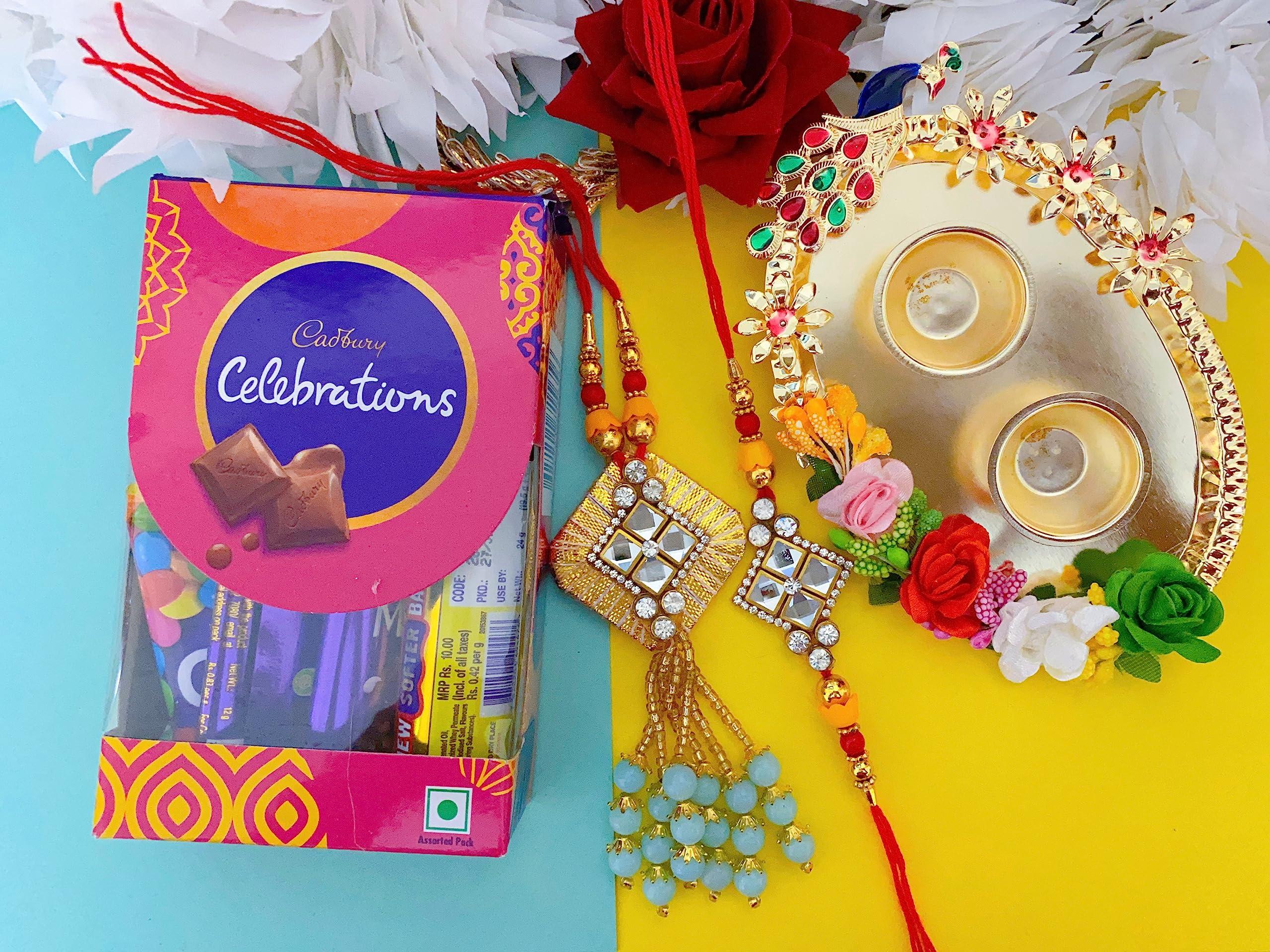 Evisha Chocolates Rakhi Combo Chocolates Rakhi Gift Pack Chocolates Combo P-59-C-T Bhai Bhabhi Rakhi Pair Chocolate With Roli Chawal Peacock Plate Combo || rakhi for brother and bhabhi || rakhi combo || bhaiya bhabhi rakhi gifts