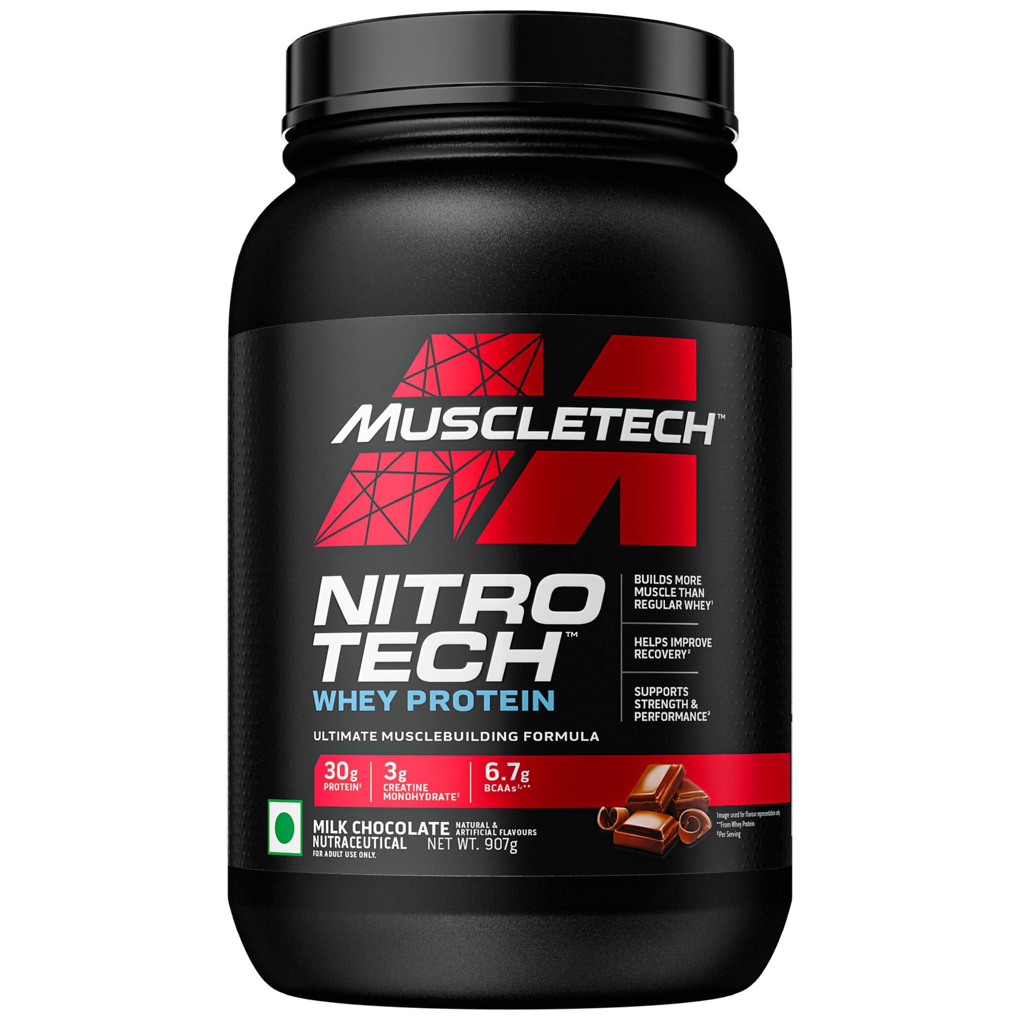 MuscleTech MuscleTech Nitro-Tech Whey Protein, 907g (2lbs), Milk Chocolate, 30g Protein, 3g creatine monohydrate, 6.7g BCAA, ultimate muscle building formula, increase strength & performance