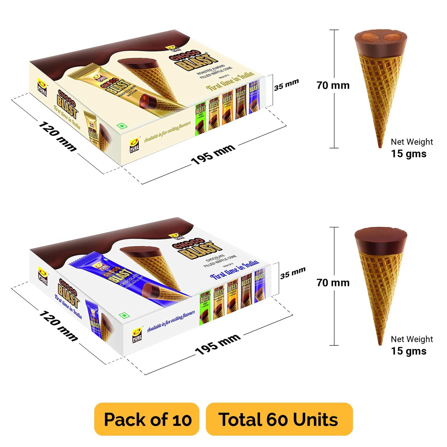 Pure Temptation Pure Temptation ChocoBlast Premium Delicious Chocolate Flavoured Choco Fills Waffle Cones - Chocolate Gift Box - Pack of 10 (Chocolate Pack of 5 + Almond Pack of 5) (Each Box Contains 6 Pcs)