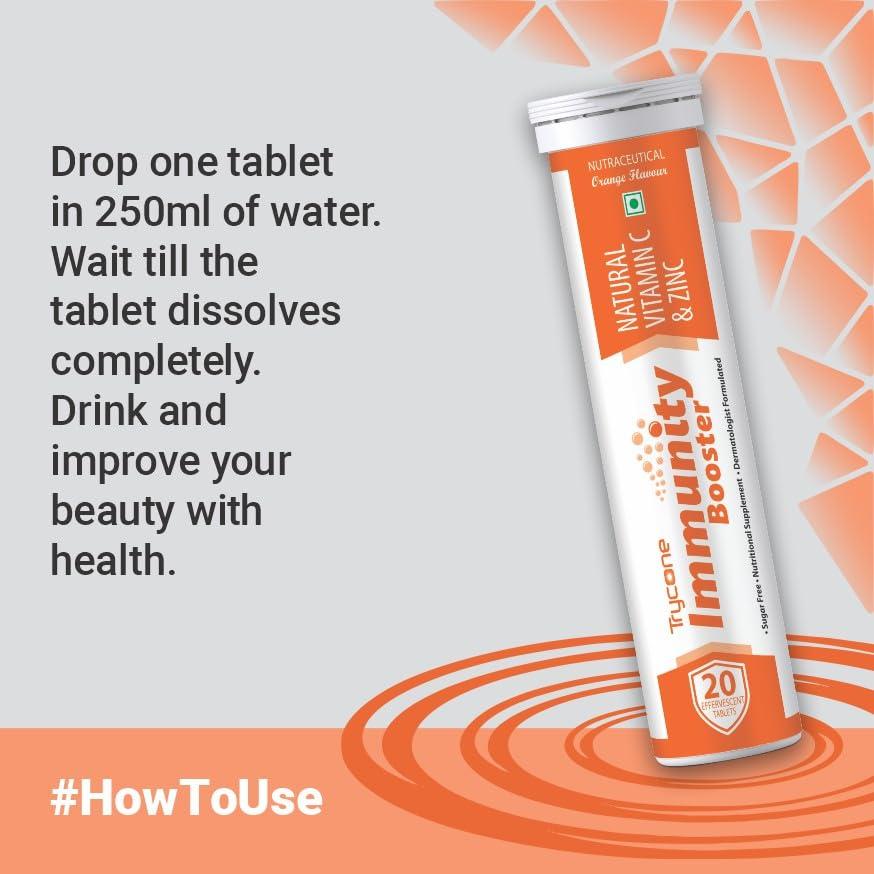 TRYCONE Trycone Immunity Booster for Adults with Natural Vitamin C from Amla Extract & Zinc Antioxidant Immunity Booster Skin care - 60 Effervescent Tablets Orange Flavour