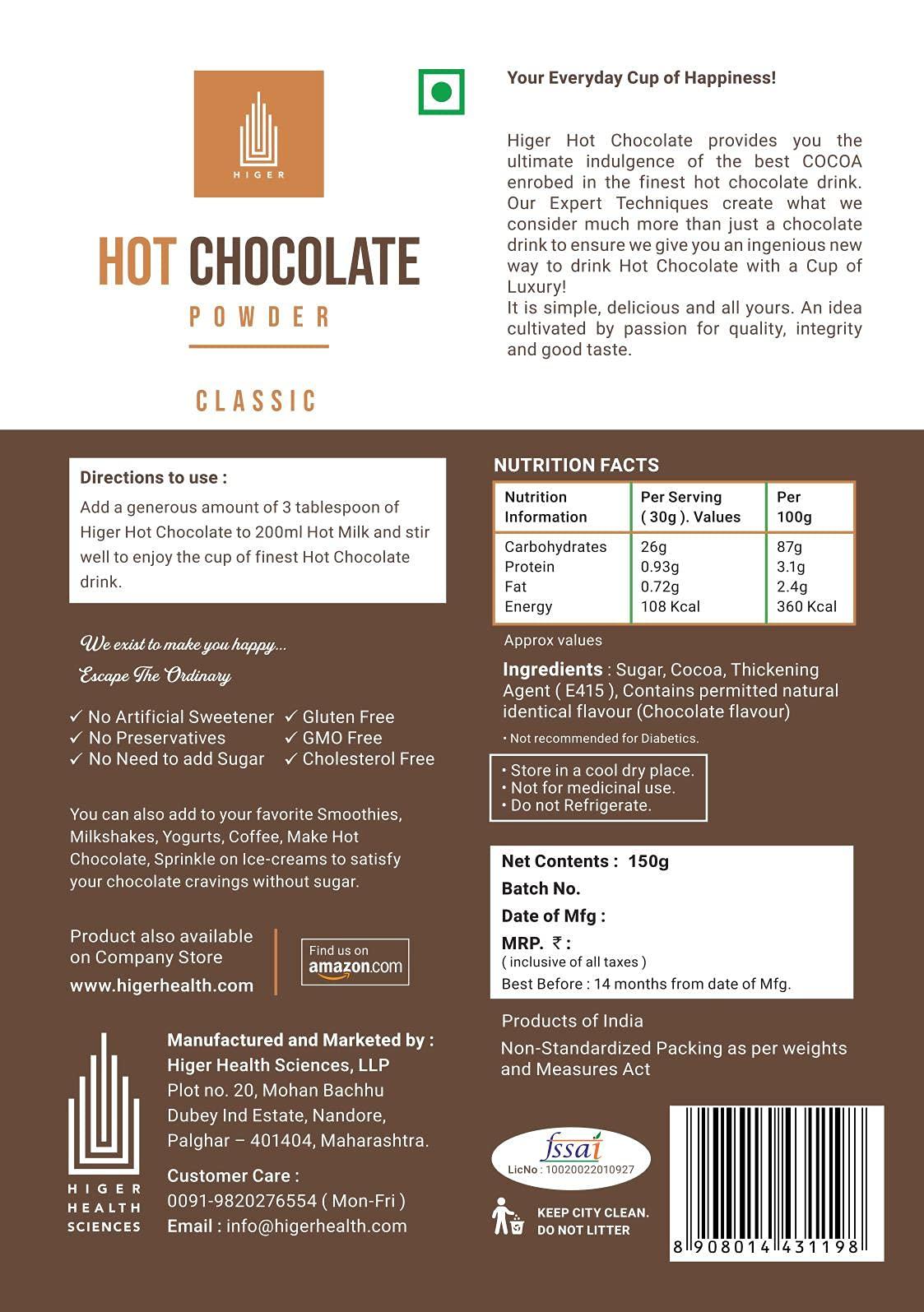 HIGER HOT CHOCOLATE POWDER HIGER HOT CHOCOLATE CLASSIC 150g POWDER