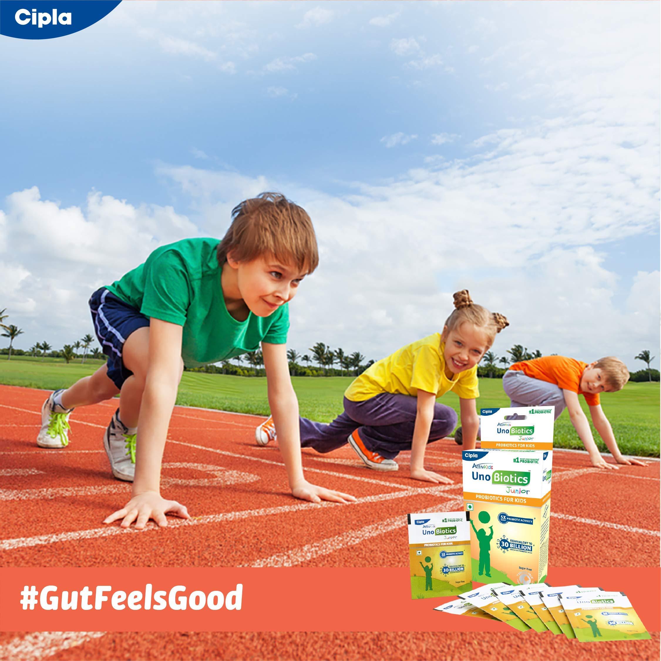 Cipla Cipla ActivKids Unobiotics Junior With 5X More Probiotic Activity |Powder Helps Build Immunity & Refills Good Bacteria | Probiotics for Kids - 10 Sachets