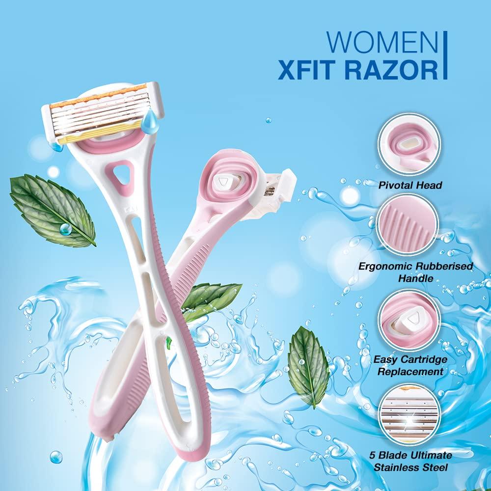 KAI Kai Xfit 5-Blade Body Razor for Women with Aloe Vera Lubricating Strip for Hair Removal Japan-Made Stainless Steel Blades and 3D Pivot Handel,Extra 2 Cartridge's