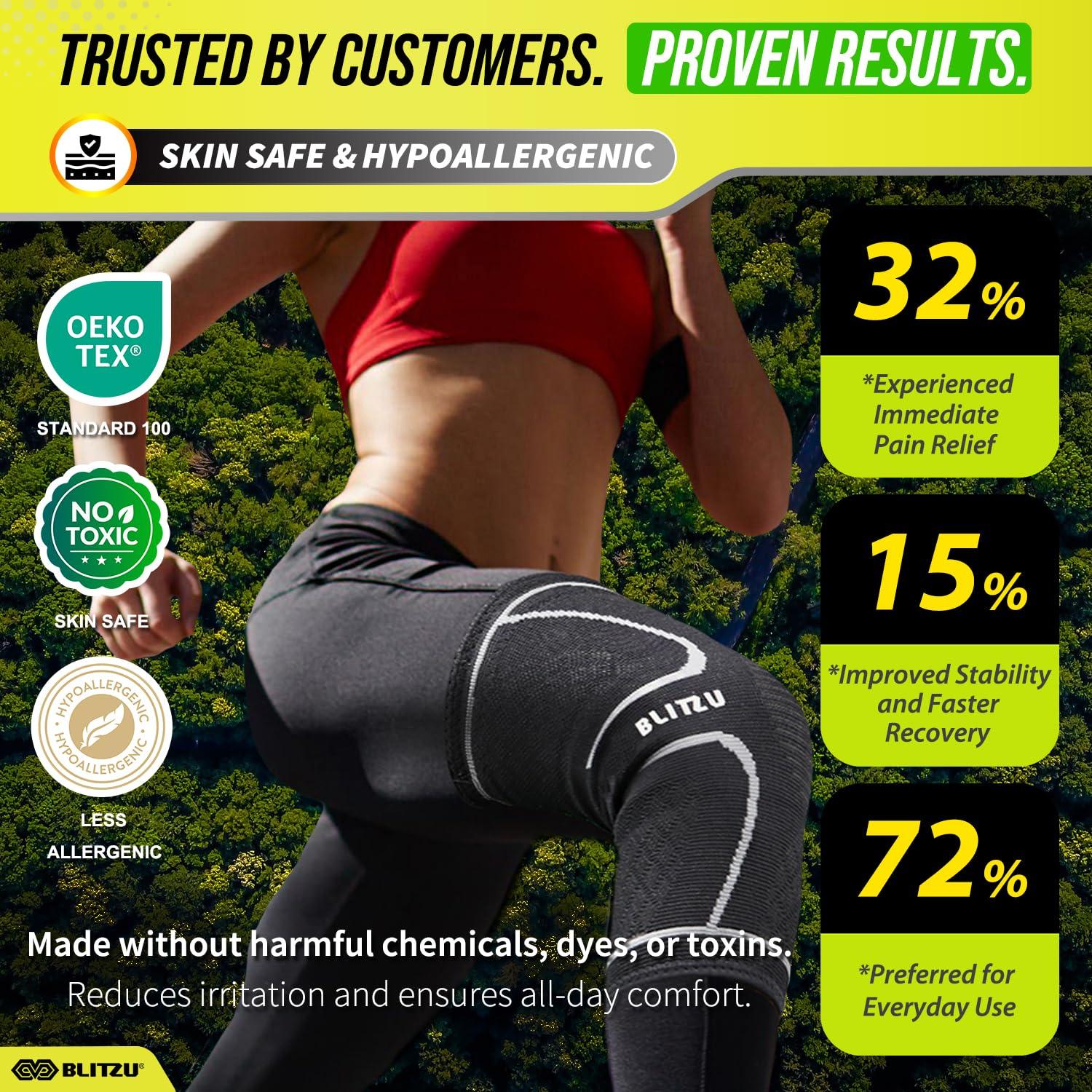 BLITZU BLITZU Flex Plus Compression Knee Brace Men and Women for Joint Pain, ACL MCL Arthritis Relief Meniscus Tear Support for Running Gym Workout Recovery Sleeves Strap Patella 7mm 5mm Neoprene Pad