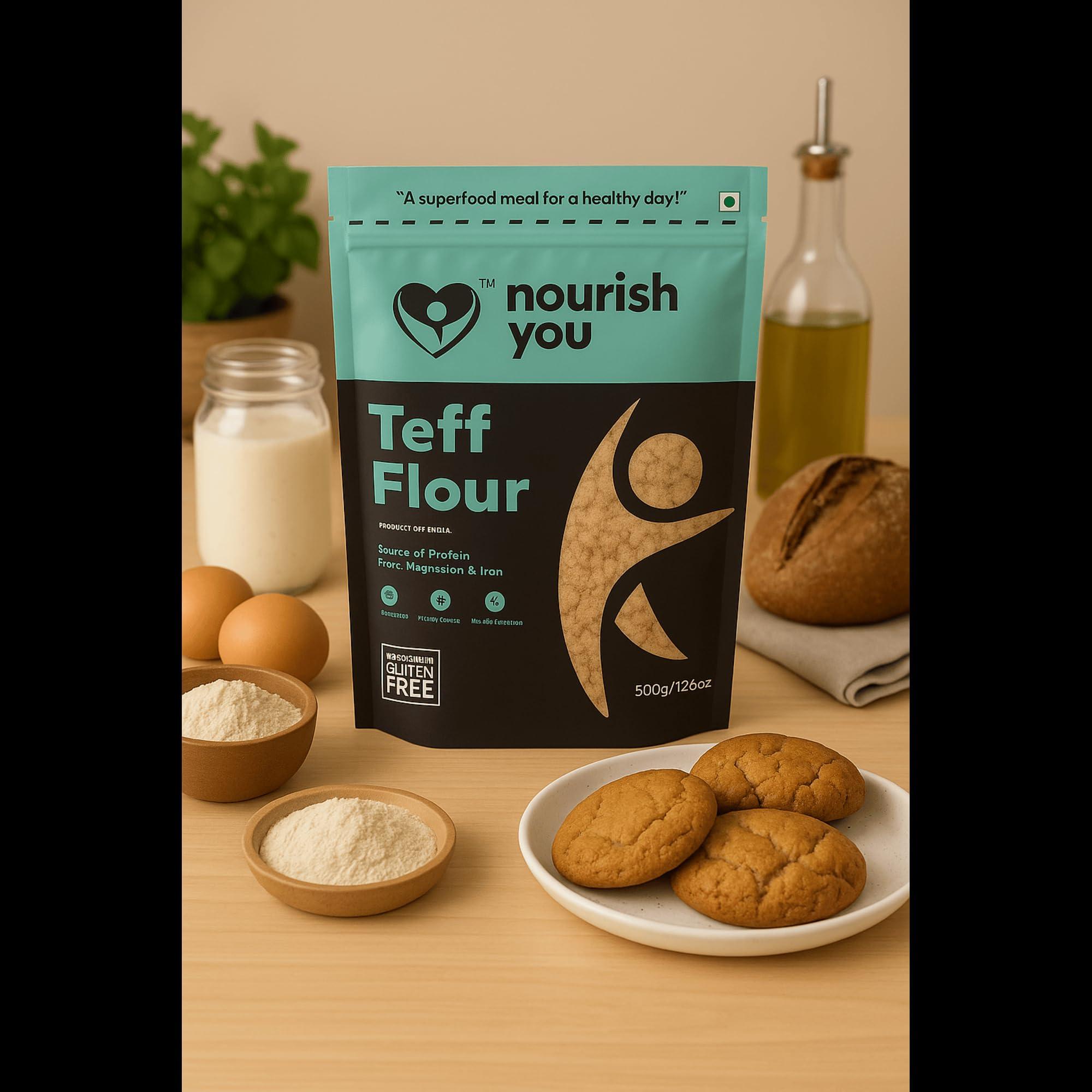 NOURISH YOU Nourish You Teff Flour 500 G | Vegan | Organic | Gluten Free | Improves Gut Health | Rich in Micro-nutrients | No preservatives | Whole Grain Teff Flour | Pack of 1