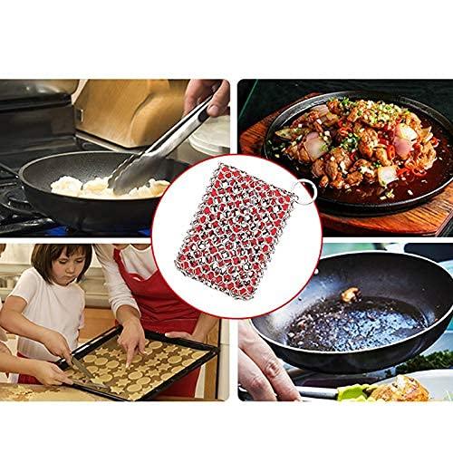 mochiatolovingtale Cast Iron Cleaner,Stainless Steel Cleaner Chain Iron Scrubber with Silicone Insert,Chainmail Scrubber for Cast Iron Pans Cookware Skillet Dishwasher,Kitchen Tools Gadught (Cleaner Red)