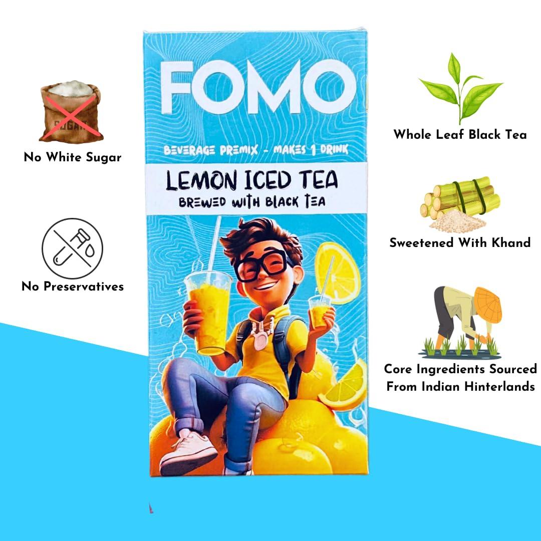 FOMO FOMO Lemon Iced Tea Premix | Pack of 10 | Liquid Premix Pouches | Makes 10 Large Drinks | Zero Refined Sugar | Real Brewed | All Natural| No Preservatives