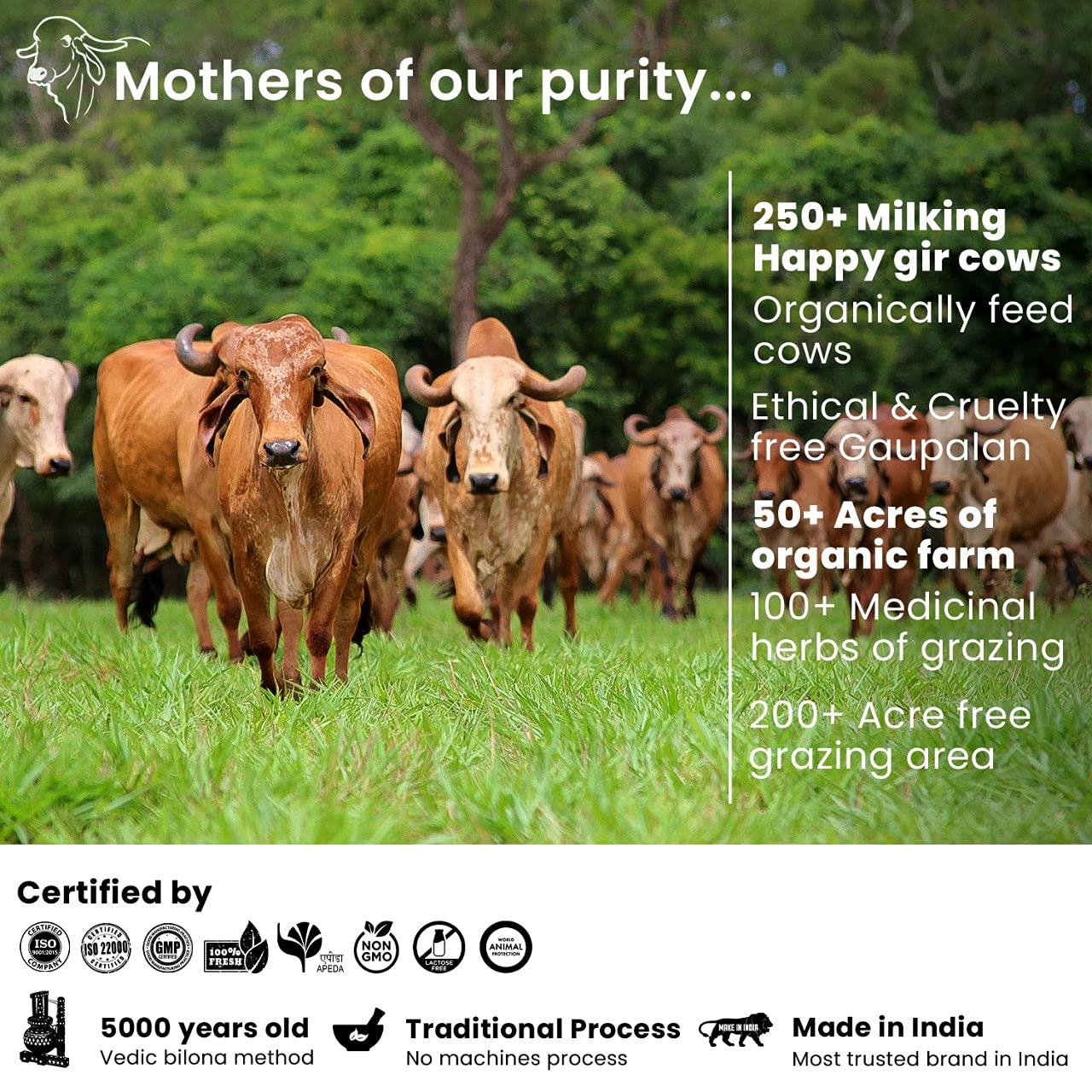 DIVYA KAMDHENU Divya Kamdhenu Cow A2 Ghee Cream Bilona Method (1L) Gir Cow Ghee, Organic, Grassfed, Cultured, Traditional Ghee, Desi Cow Ghee, Glass Bottle, 1 Litre Ghee 100% Pure Non GMO