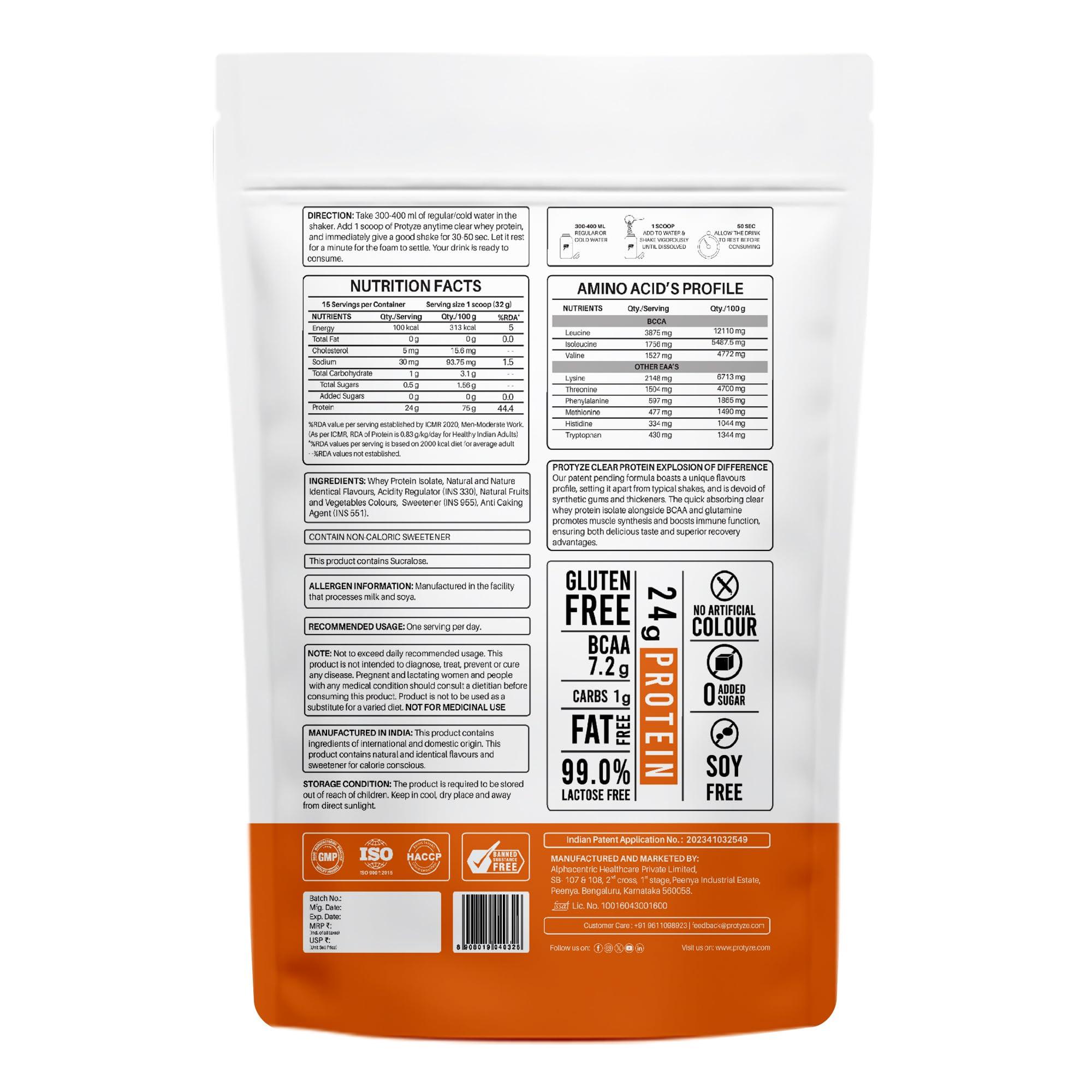 Protyze Protyze Anytime Clear Whey Protein | 24 g Protein/Scoop | 7.2 g BCAA | Gluten-Free | Low Carb | Light and Refreshing | Muscle Growth & Recovery (Orange Squash, 15 Servings)