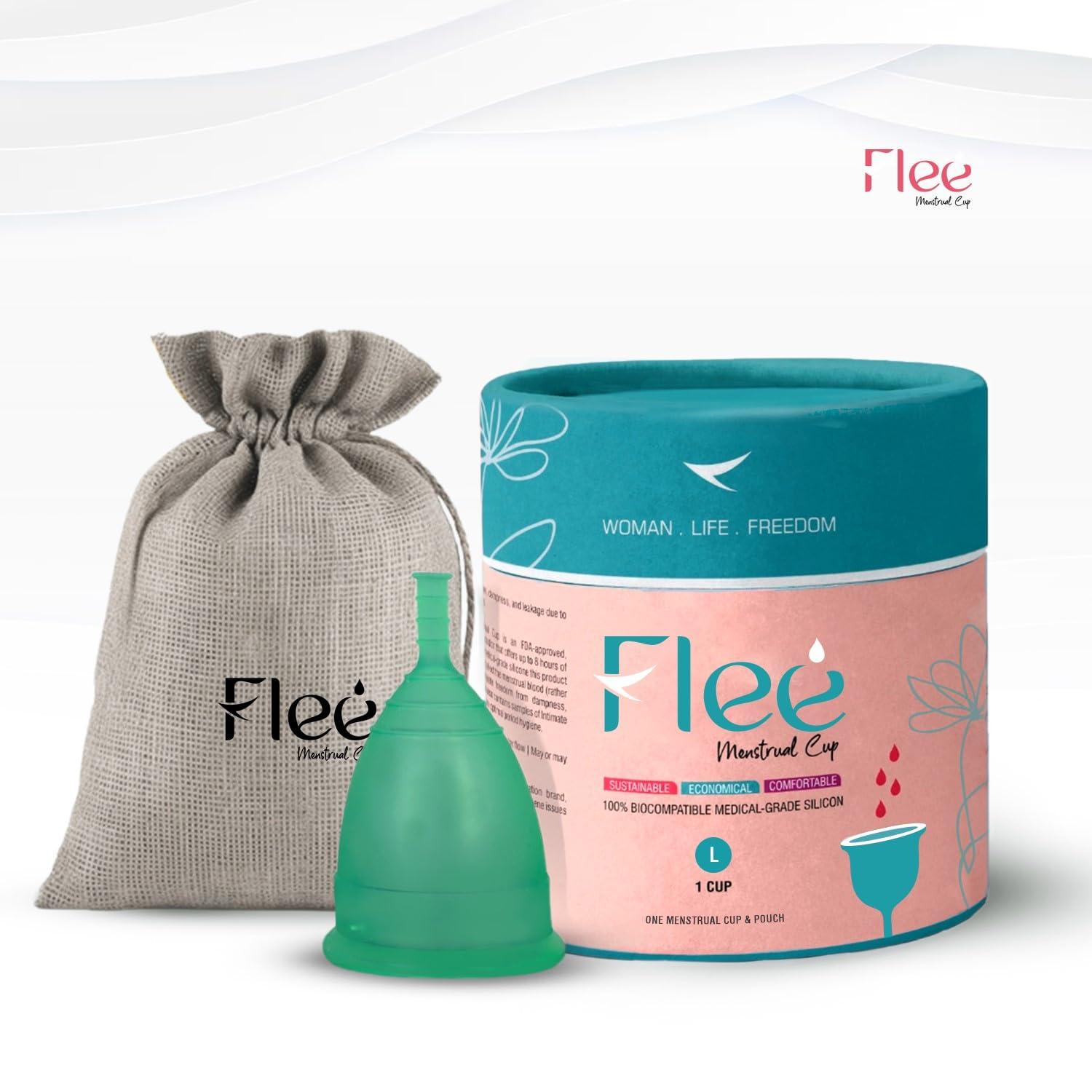 Flee Menstrual Cup Bluefin Flee Reusable Menstrual Cup for Women - Small | Medium | Large Size With Pouch | Clean your Period Cup Effortlessly | Silicone Body, Odour And Rash Free, No Leak (AQUA GREEN, LARGE)