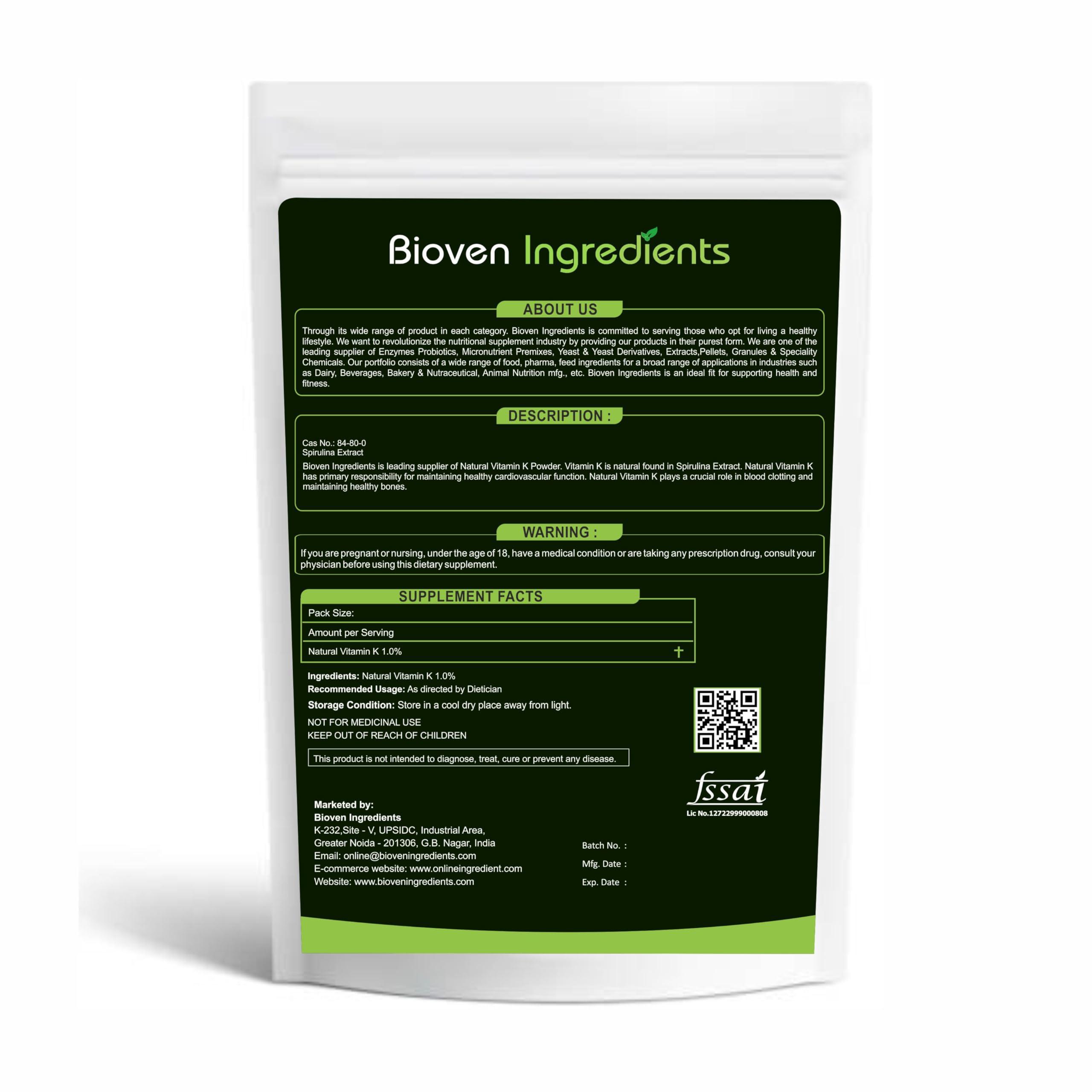 Bioven Natural Vitamin K Powder, Derived from 100% Natural & Organic Spirullina Extract by Bloven Ingredients, Non-GMO Supplement, No Preservatives, Sugar, Gluten or Dairy Free Powder