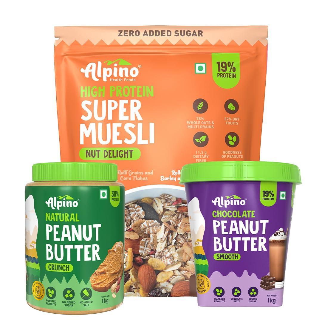 Alpino ALPINO High Protein Diet Super Combo - Natural Peanut Butter Crunch 1kg, Super Muesli Nut Delight 400g, Chocolate Peanut Butter Smooth 1kg