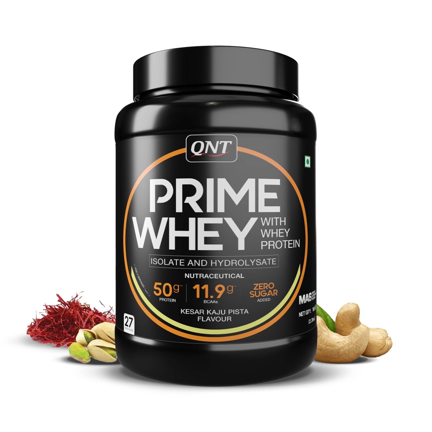 QNT QNT Prime Whey Protein Powder | Kesar Kaju Pista, 1 Kg | Triple Blend of Whey Isolate, Concentrate & Hydrolysate | 25g Protein, 5.9g BCAA per Scoop | Best Whey Protein Powder for Men & Women