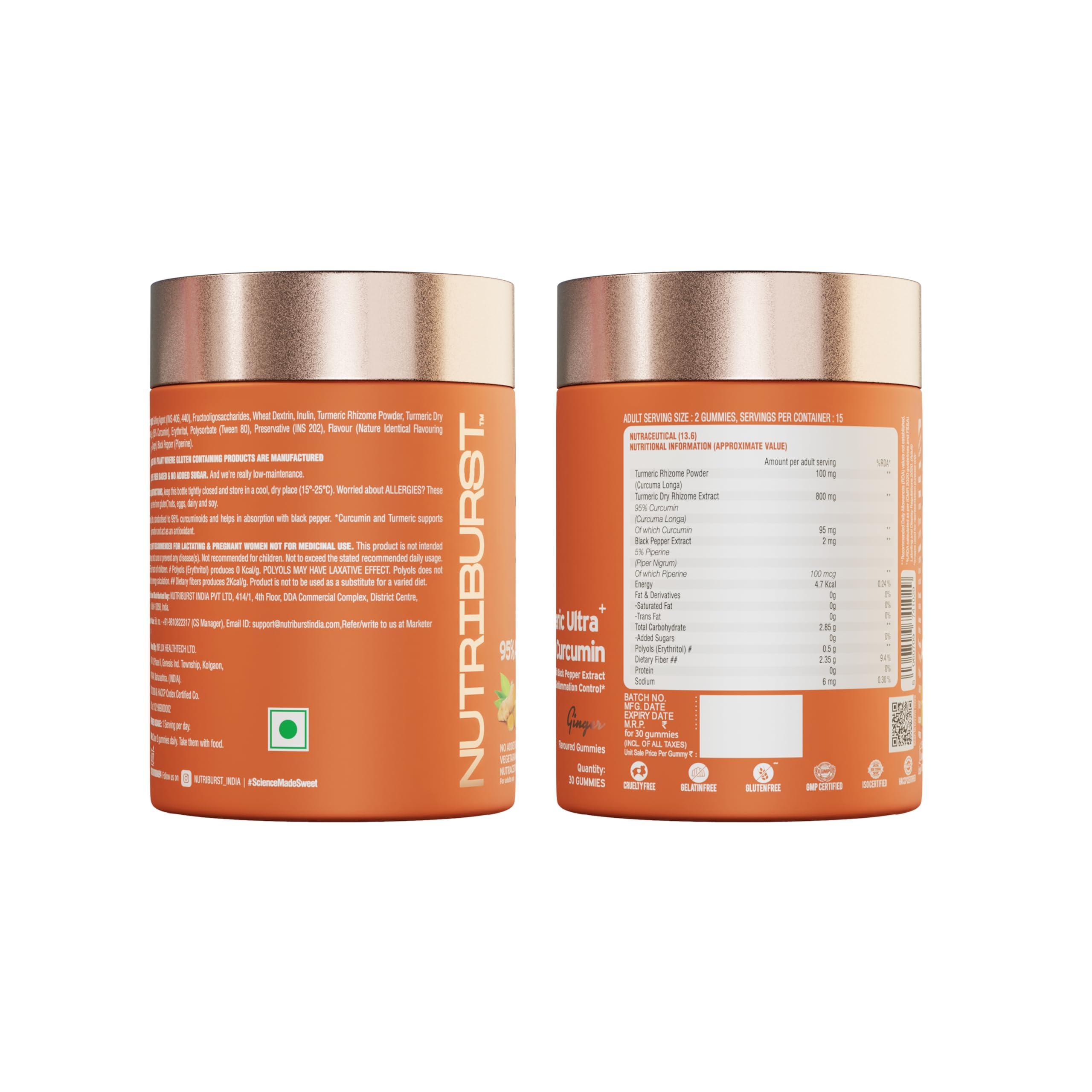 Nutriburst Nutriburst Turmeric Ultra Gummies With 95% Active Curcumin 800Mg & Black Pepper, Gut Health Management | Anti-Inflammatory & Digestion | Antioxidant & Anti-Ageing Skin | 30 Gummy