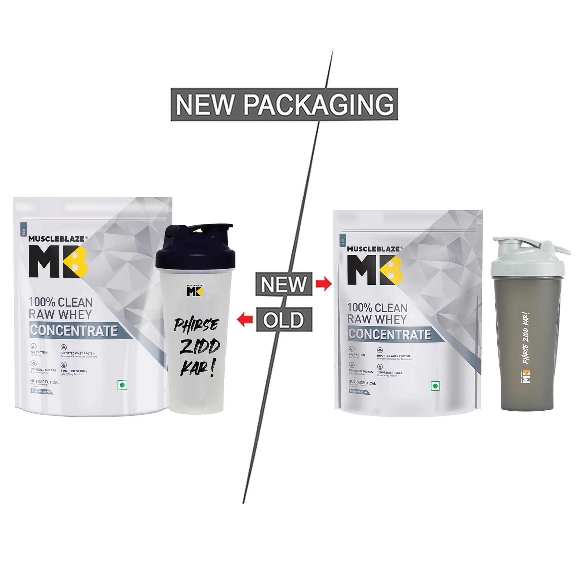 MuscleBlaze MuscleBlaze 100% Clean Raw Whey Protein Concentrate (Unflavoured, 500g) | Easy to Digest with Shaker, 650ml (Combo Pack)