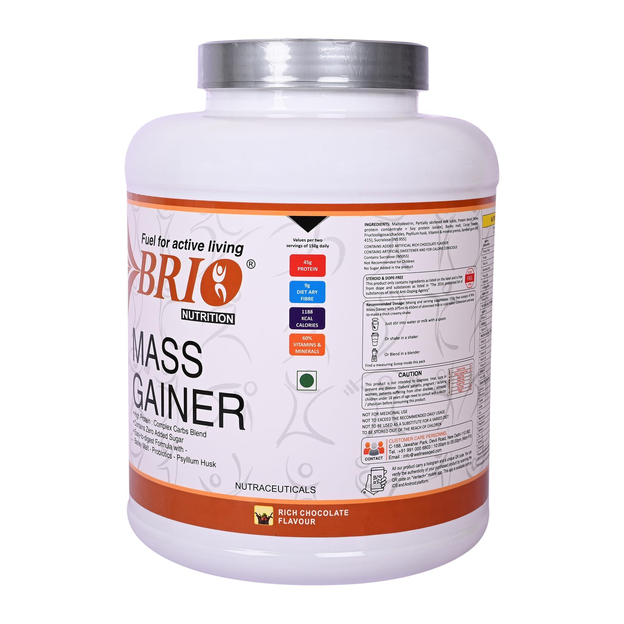 BRIO NUTRITION BRIO NUTRITION Mass Gainer - High Protein Complex Carbs Blend With Easy To Digest Formula. Chocolate Flavour - 3 Kg Pack