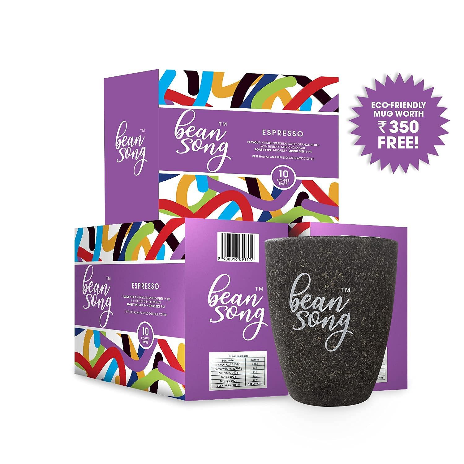 BEAN SONG Bean Song Equipment Less Premium Espresso Coffee Drip Bags (10 Easy Pours) Pack of 3 with Free Coffee Mug | Citrus Flavour with Hints of Milk Chocolate | Cafe At Home