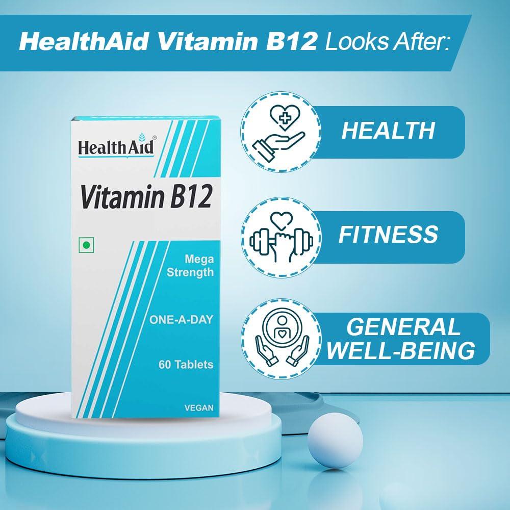 Health Aid HealthAid Vitamin B12 Supplement for Men & Women | helps reduce fatigue and helps improve blood circulation| Supports overall well-being - 120 Vegetarian Tablets