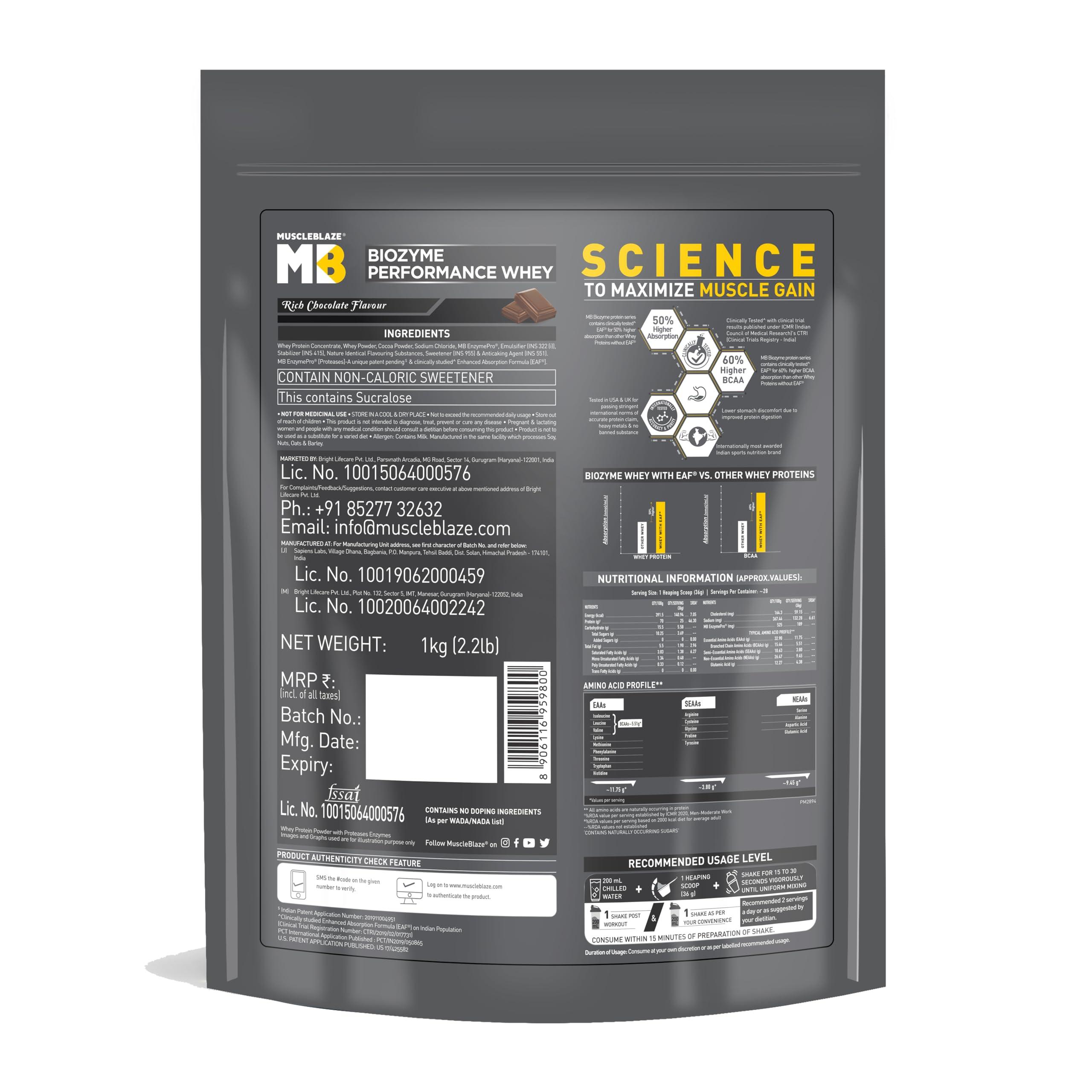 MuscleBlaze MuscleBlaze Biozyme Performance Whey Protein | Clinically Tested 50% Higher Protein Absorption | Informed Choice UK, Labdoor USA Certified & US Patent Filed EAF (Rich Chocolate, 1 kg Refill Pack)