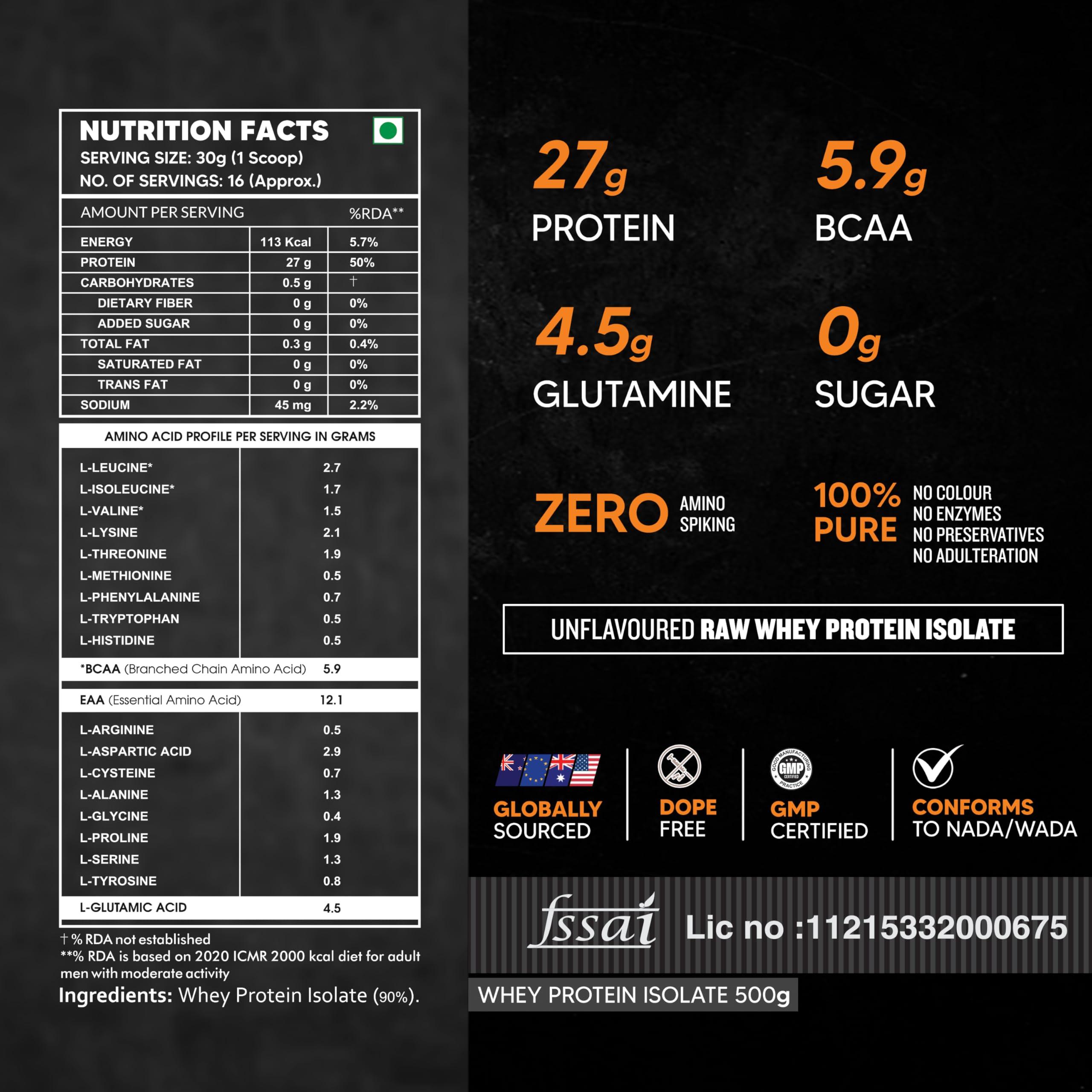 Asitis Nutrition AS-IT-IS Nutrition Whey Protein Isolate 90% - 500 Gms | Protein 27g & BCAA 5.9g per serving