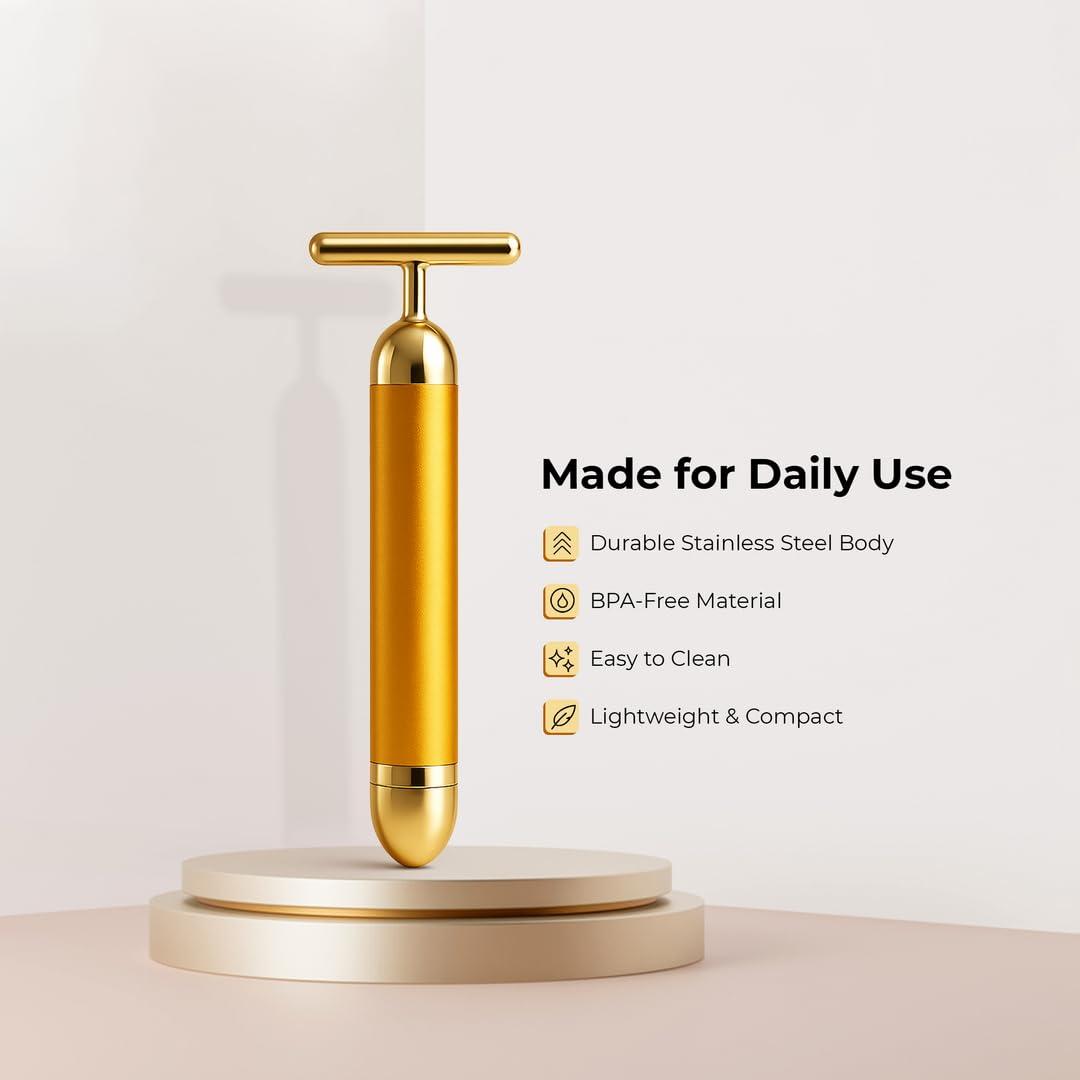 Dealsure Dealsure 24k Gold Energy Beauty Bar Electric Vibration Facial Massage Roller Waterproof Face Skin Care T-Shaped Anti Wrinkle Massager for Forehead Cheek Neck Clavicle Arm (Gold Colour)