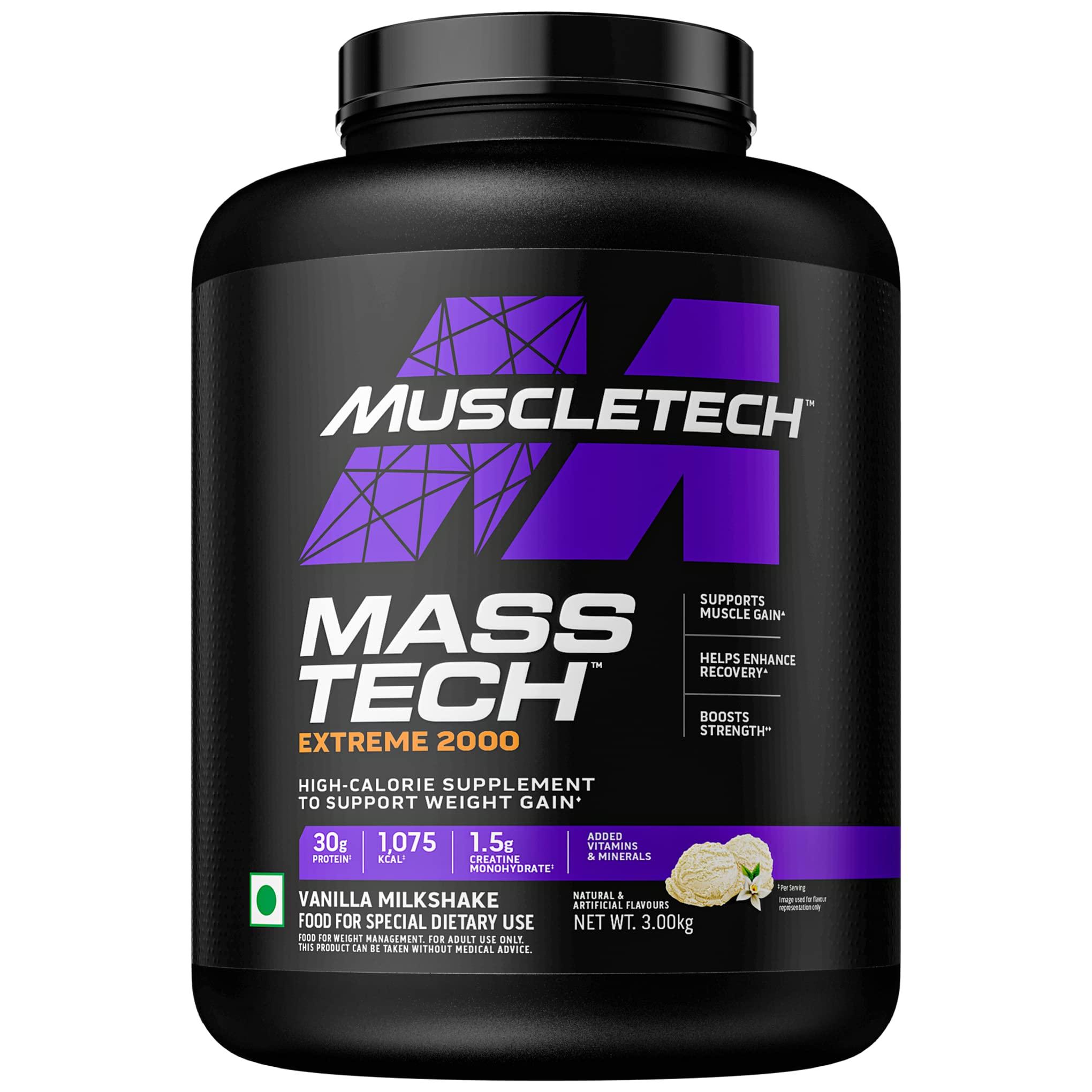 MuscleTech MuscleTech Masstech Extreme 2000 High Protein Food For Weight Gainer (30G Protein,1075 Kcal,1.5G Creatine&Added Vitamin&Minerals) Veg Mass Gainer-Vanilla Milkshake-3Kg,Powder