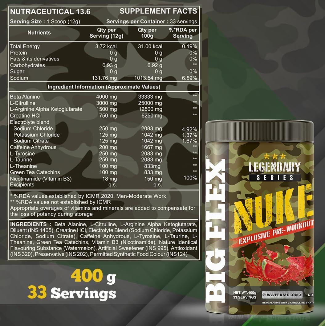 Bigflex Bigflex Nuke Pre Workout Powder| 33 Servings |Energy Booster| |Muscle Pump| |Strength Improvement| Preworkout For Men | Pre Workout For Women (Watermelon, 400 gm)