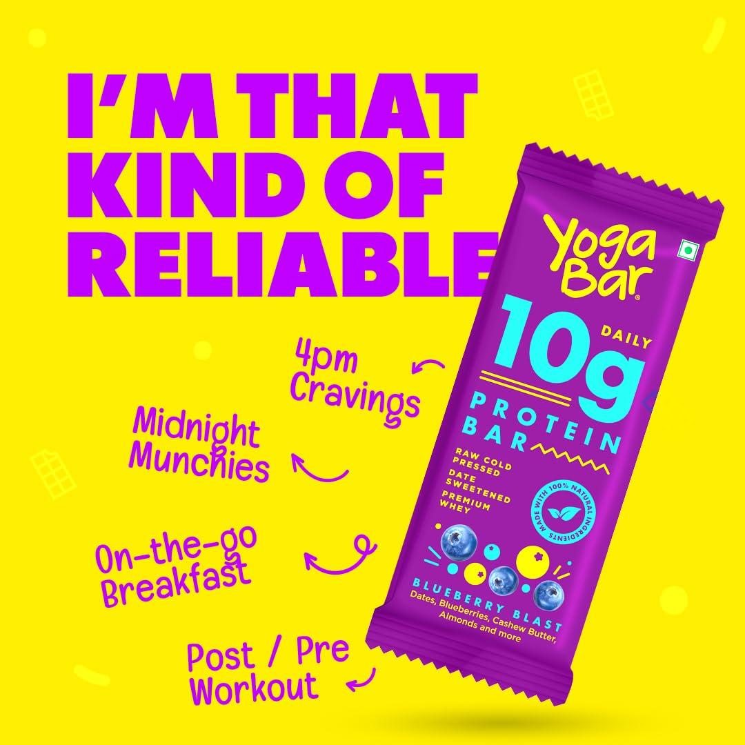 Yogabar Yogabar 10 grams Protein Bar, Protein Blend & Premium Whey,100% Veg High Protein Snacks, Rich Protein Bar with Date, Vitamins, Fiber, Energy & Immunity for Fitness, Blueberry