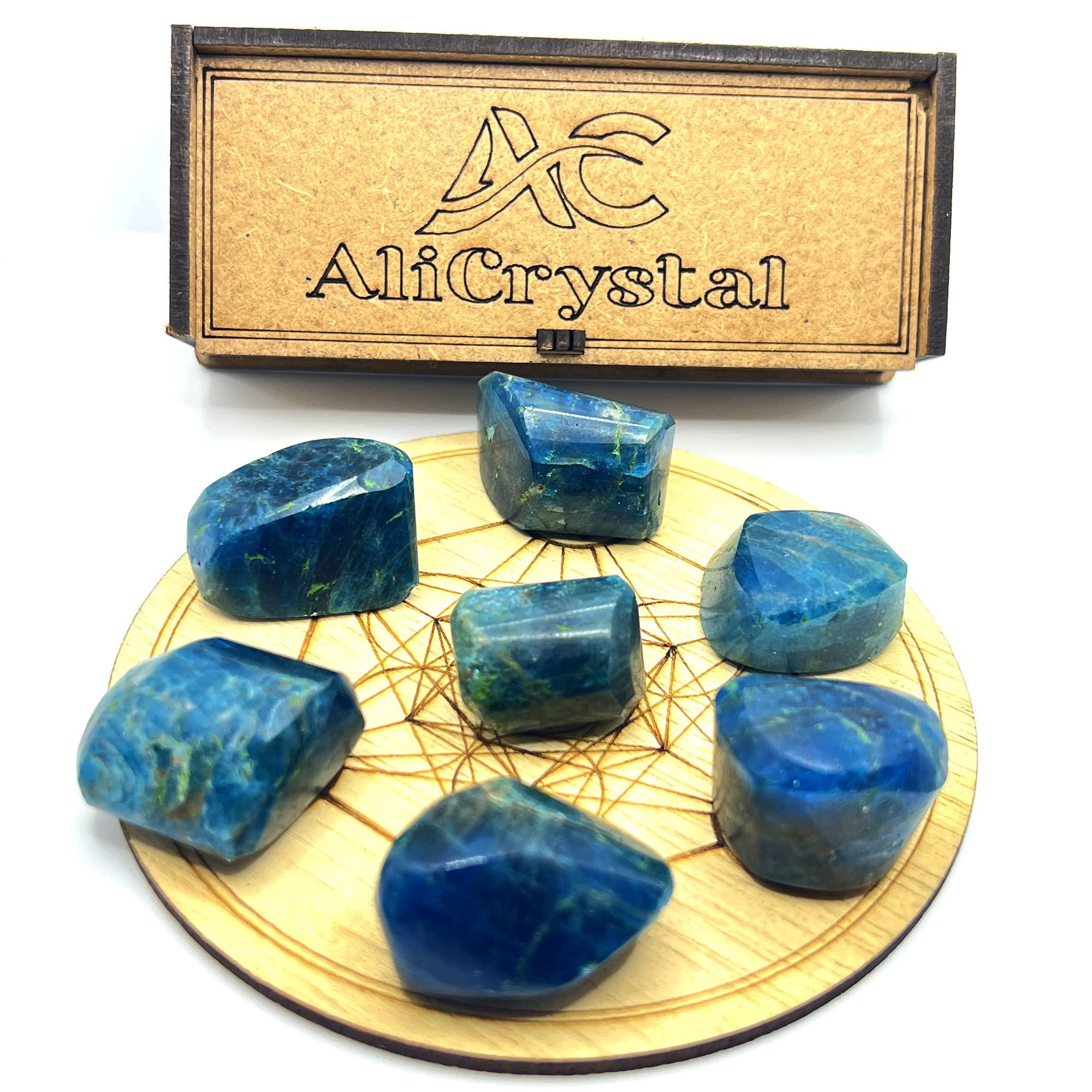 ALI CRYSTAL ALI CRYSTAL 7 Pcs Natural Rose Quartz Tumbled Gemstones Kit With Healing Crystal Chakra Wooden Grid For Healing For Wicca,Reiki&Energy Crystal Healing(Apatite)