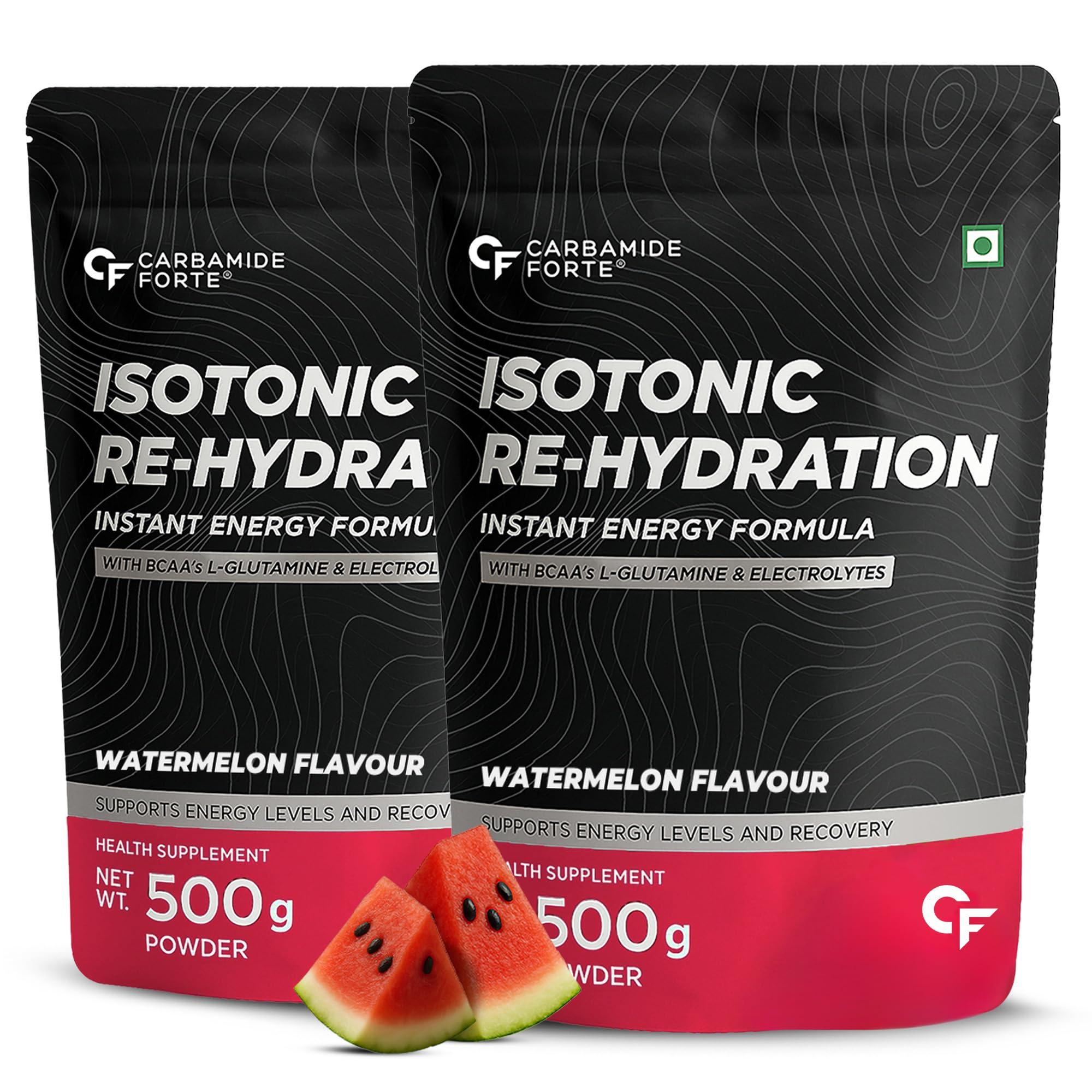 Carbamide Forte Carbamide Forte Isotonic Powder | Pre Workout Supplement For Men And Women| Instant Energy Drink for PreWorkout | Electrolytes Powder with added BCAA & L Glutamine - WaterMelon Flavour - 500g (Pack of 2)