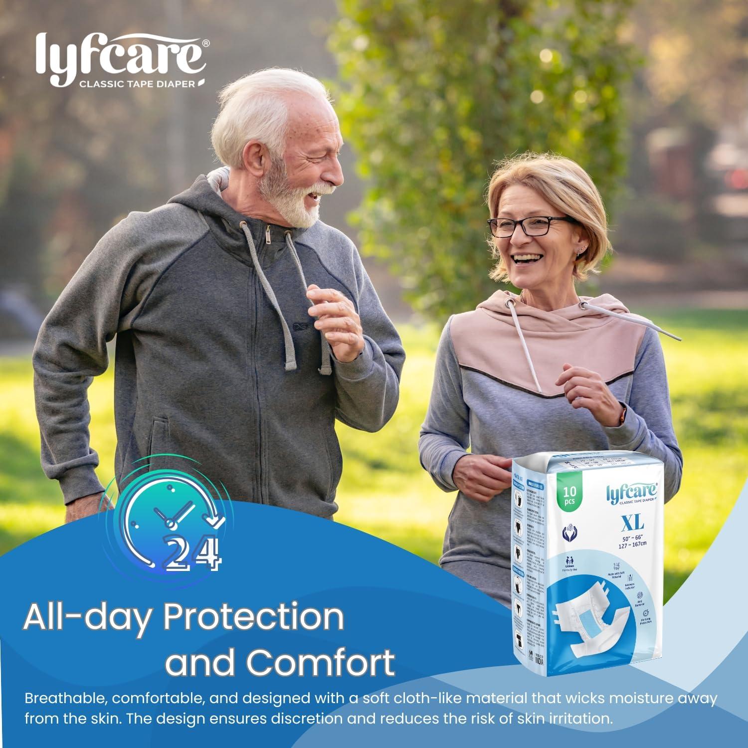 lyfcare Lyfcare Open Tape Adult Diaper Extra Large (XL) - 10 Units | Unisex Diapers Open Tape Style | Waist (127-167 cm) | Wetness Indicator, Super absorb, 360 Protection & 0% Leakage | For Men & Women
