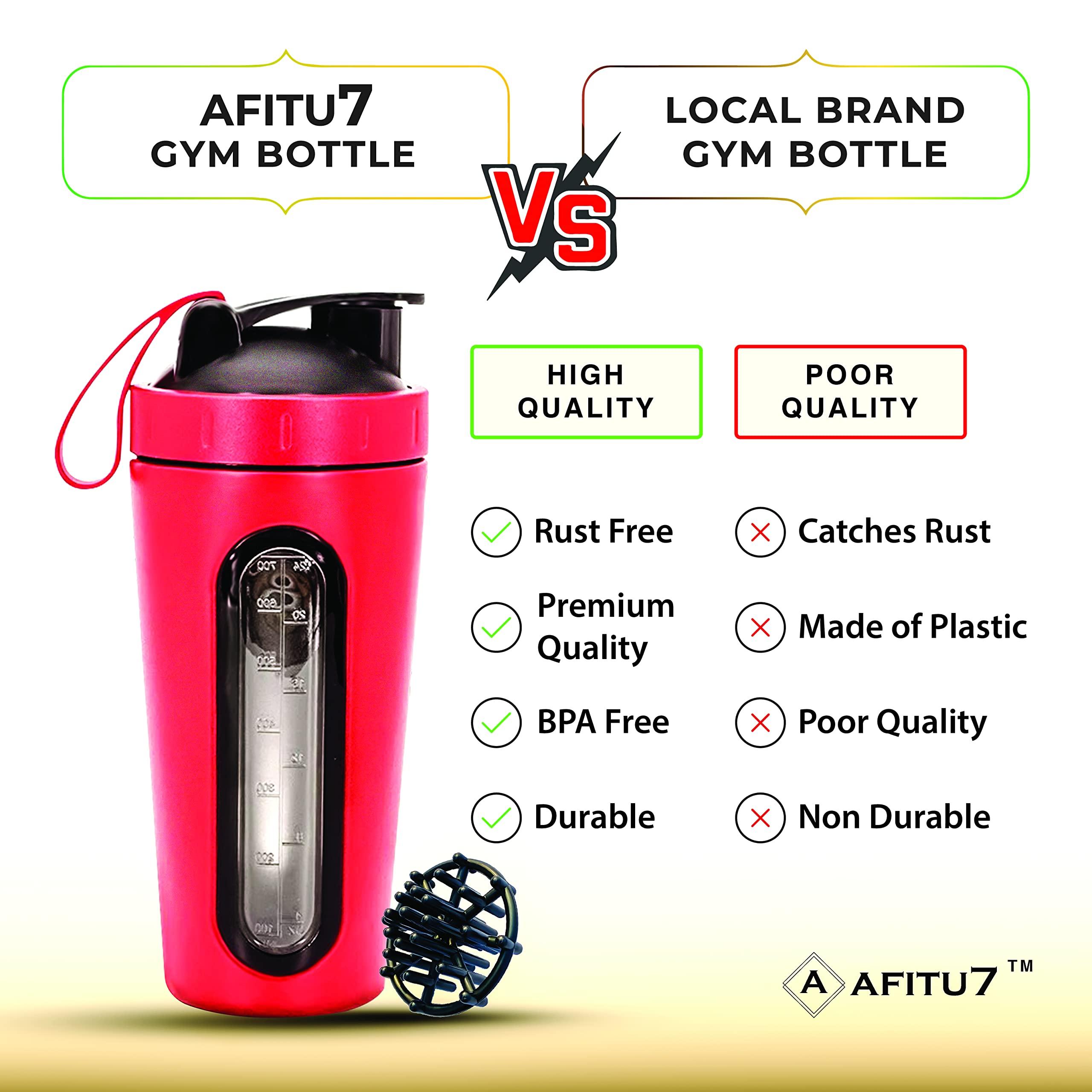 AFITU7 AFITU7 Stainless Steel Protein Shaker Bottle 750 ml, 100% Odorless & Leak-Proof Guarantee, Pre Workout and BCAAs, BPA Free Material Shaker Bottle + Mixing Ball (Red)