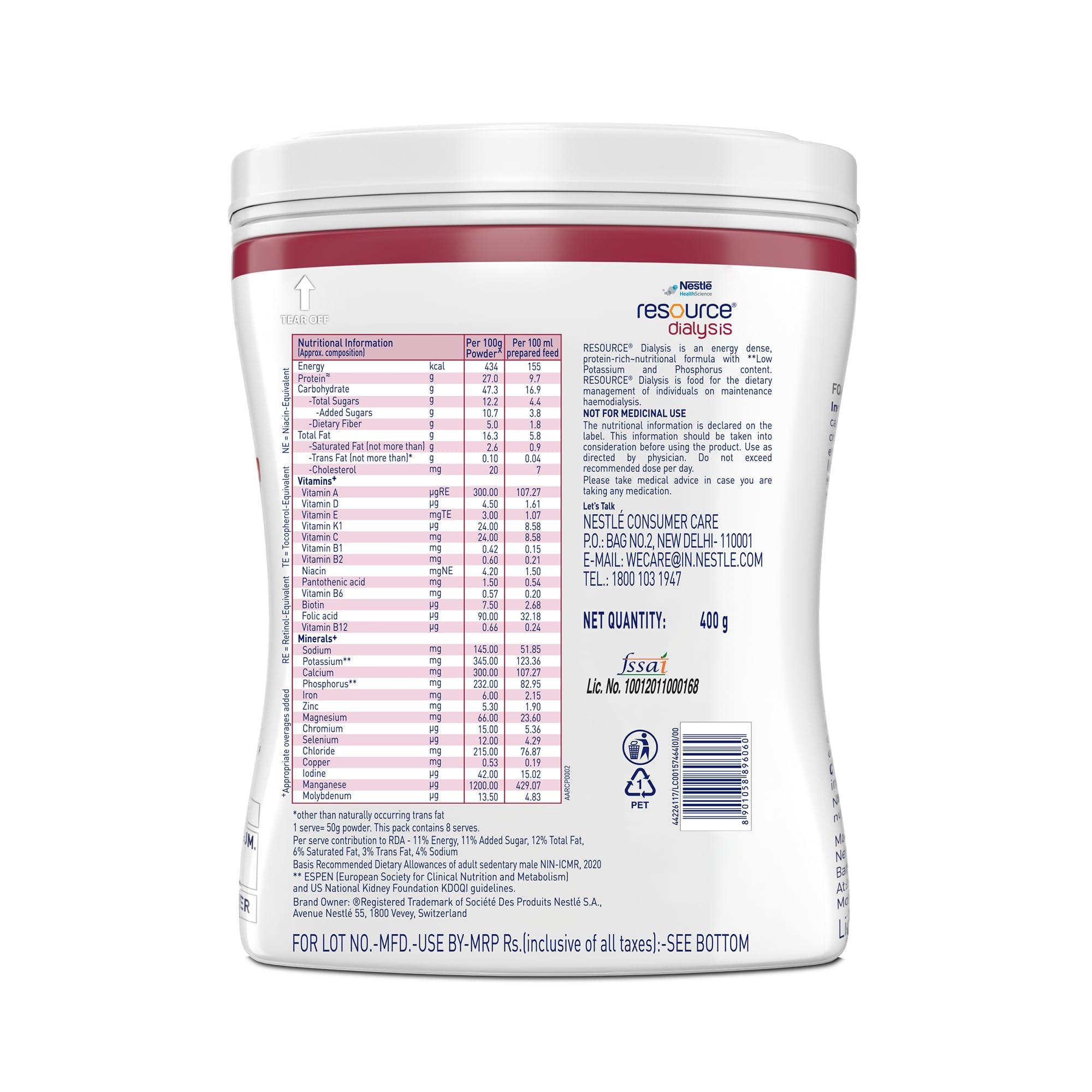 ReSource Nestle Health Science,RESOURCE, Dialysis, Food For Dietary Management, Vanilla Flavour, 400g, Pet Jar
