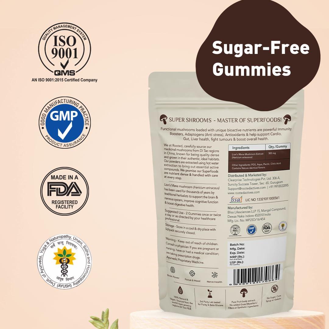 ROOTED Rooted Actives Certified Organic Lions Mane Mushroom Extract Gummies | Memory, Focus, Brain Powder & Nerve Health | Usda Organic, No Sugar, Blueberry Flavor | Lions Mane Powder