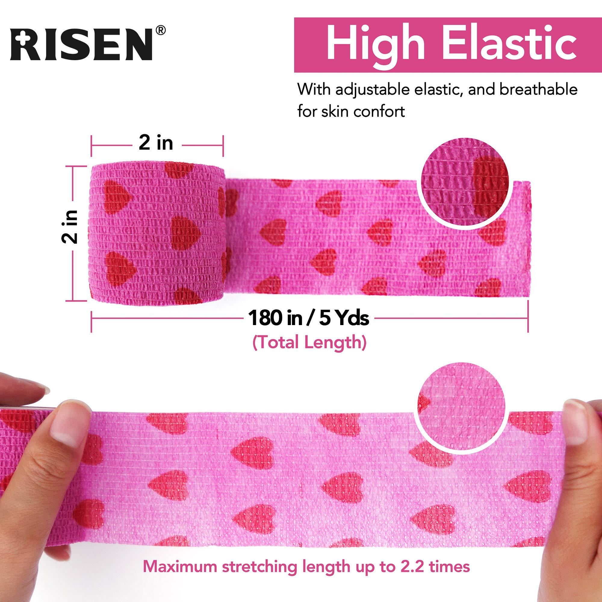 Risen Cohesive Bandage 2 x 5 Yards, 6 Rolls, Self Adherent Wrap Medical Tape, Adhesive Flexible Breathable First Aid Gauze Ideal for Stretch Athletic, Ankle Sprains & Swelling, Sports (Rose Red Heart)