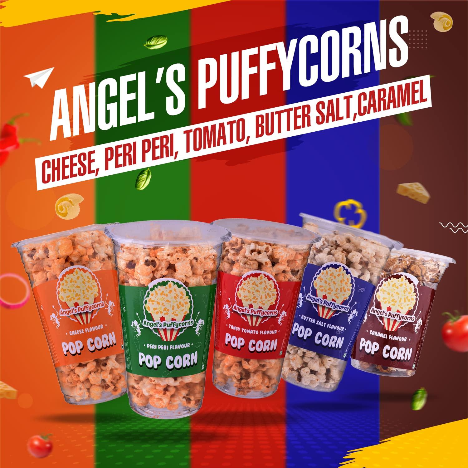 Angels Angels Puffycorns Flavoured Ready to Eat Popcorn - Mix Flavour - Pack of 6 Units (2 Cheese, 1 Tangy Tomato, 1 Butter Salted, 1 Peri Peri & 1 Caramel)