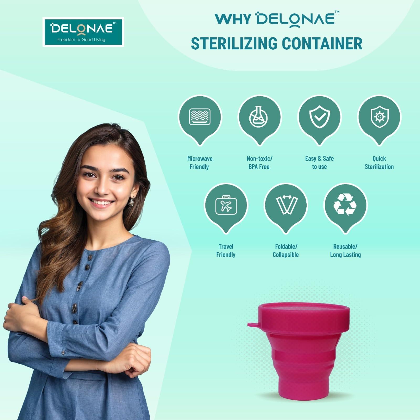 Delonae Delonae Reusable Menstrual Cup- Small Size Orange colour -100% Medical Grade Siicone - Bpa Free-Leak Free-Up To 12 Hours Protection And Delonae Foldable / Collapsible, Reusable Menstrual Cup Sterilizing Container - Microwave- friendly- completely sa