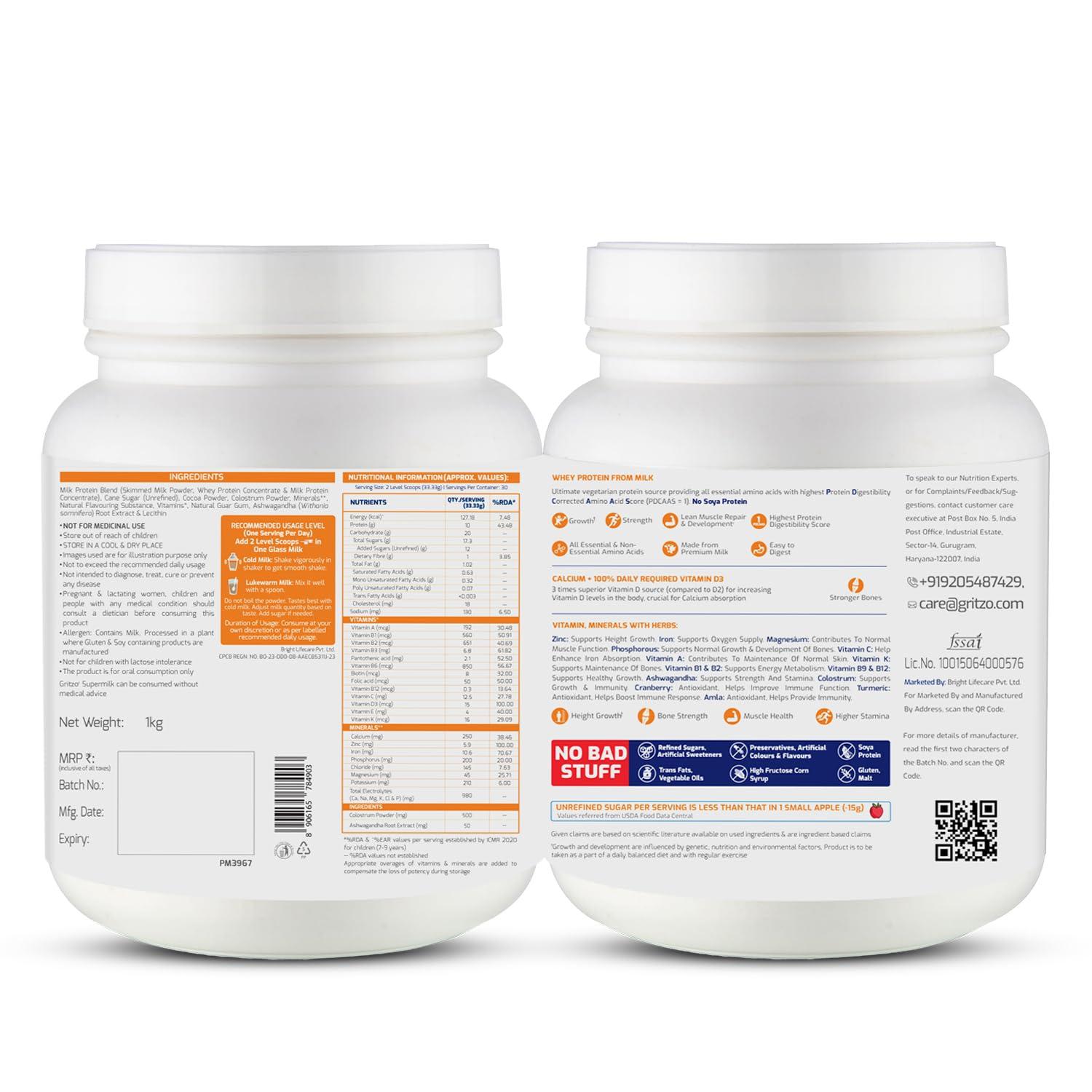 Gritzo Gritzo SuperMilk Height+ (7-12y Boys), 10g Protein Powder (Double Chocolate, 1kg) | Zero Refined Sugar, 21 Vitamins & Minerals