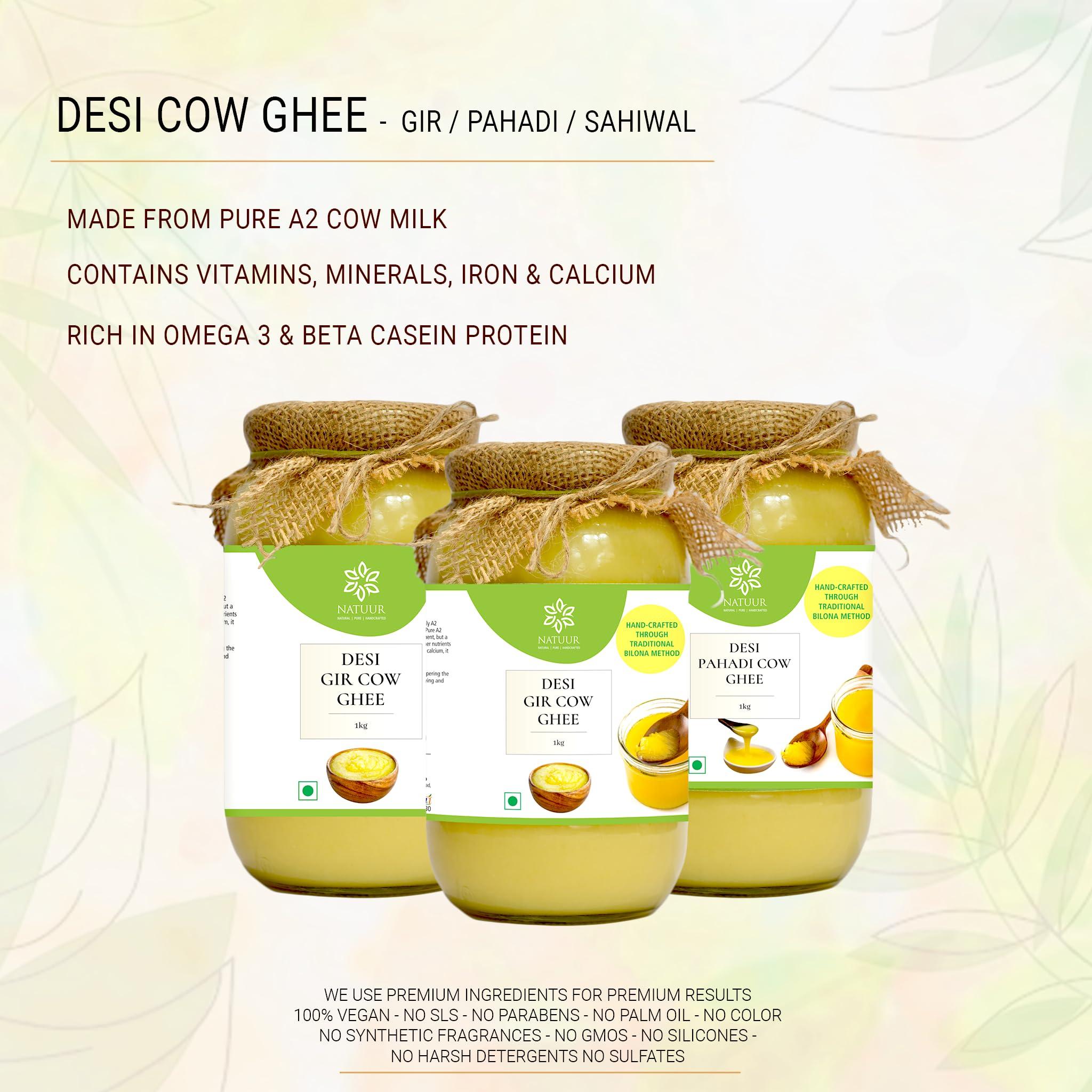 NATUUR Natuur - Desi Cow Ghee (Pahadi) 1kg | Vedic Bilona method-Curd Churned-Golden | Grainy & Aromatic, Keto Friendly| All-Natural and Nutritious Ghee