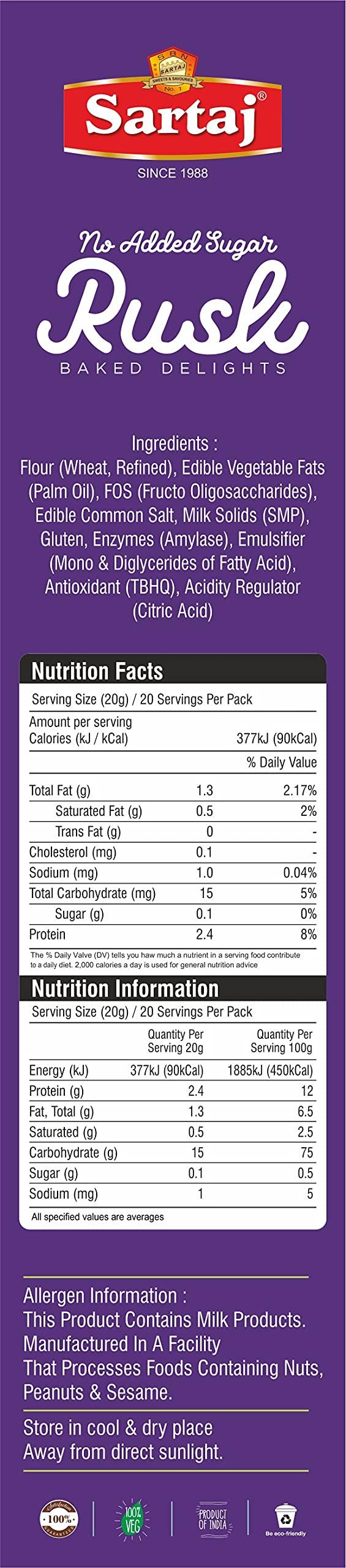 Sartaj Sartaj Sugar Free Rusk, No Added Sugar, 350g